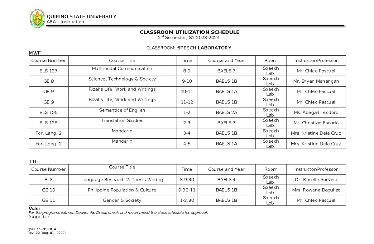 Classroom-Utilization - QSUCab-INS-F ARA – Instruction CLASSROOM ...