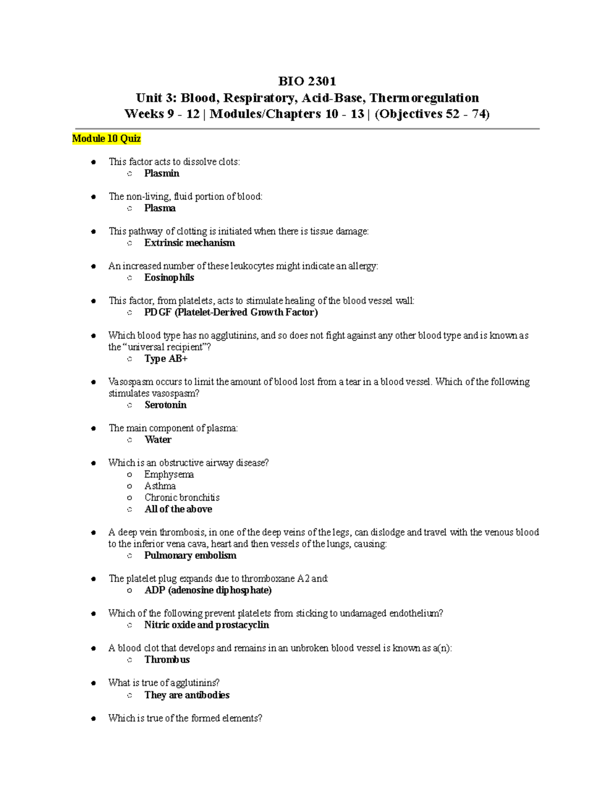 BIO 2301 Unit 3 - Blood and Respiratory System Test Questions - Studocu