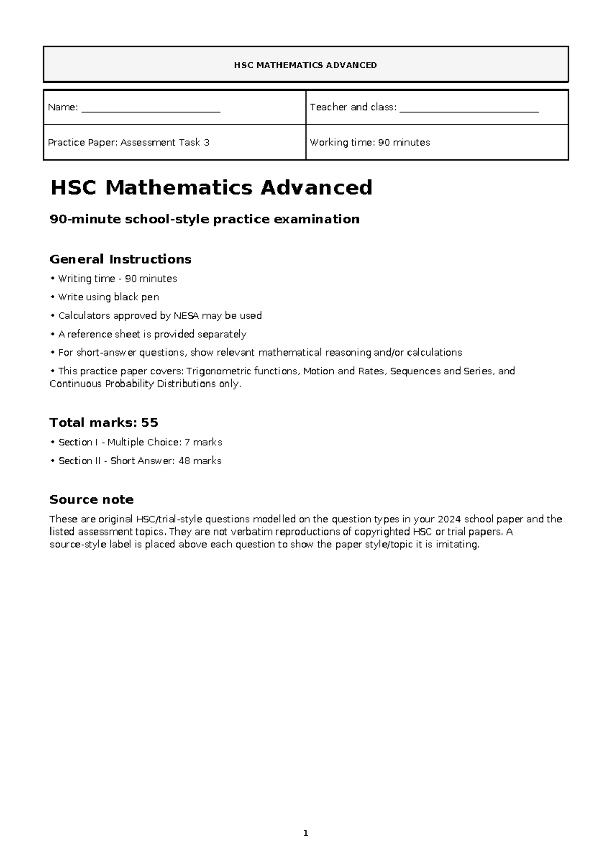 HSC Mathematics Advanced 90-Minute Practice Test - Studocu