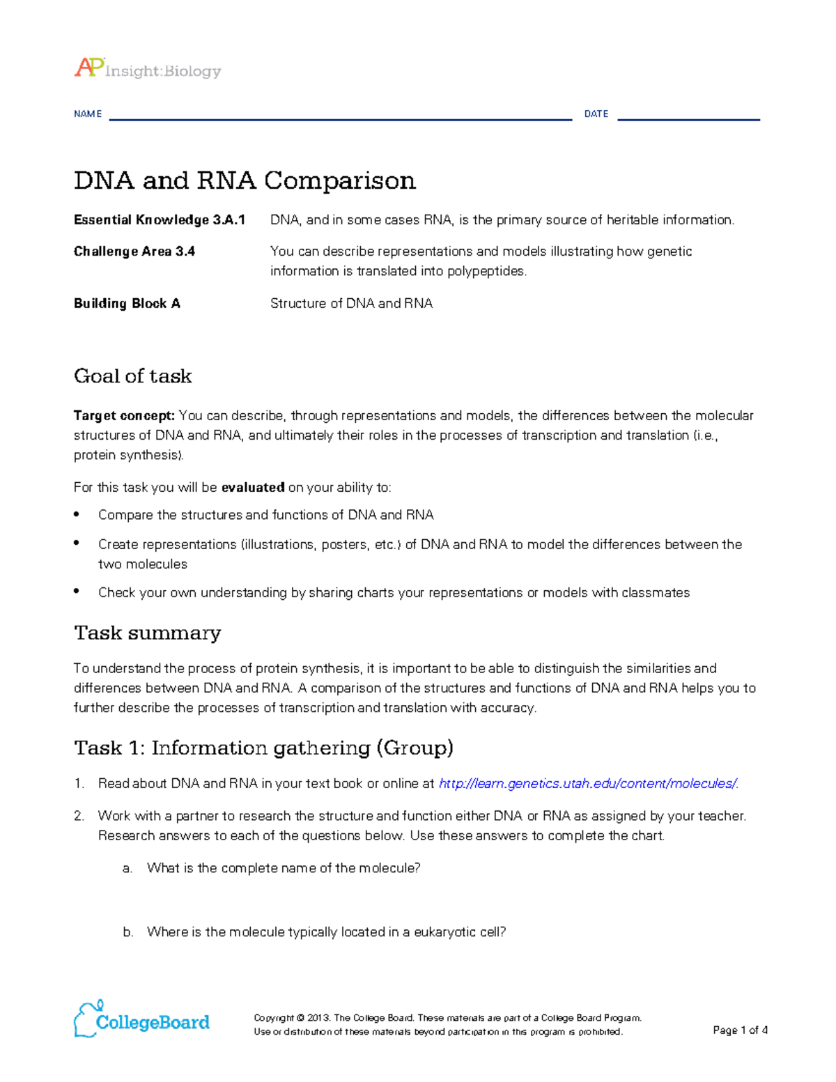 DNA and RNA Comparison - Genetics - NAME DATE Copyright © 2013. The ...