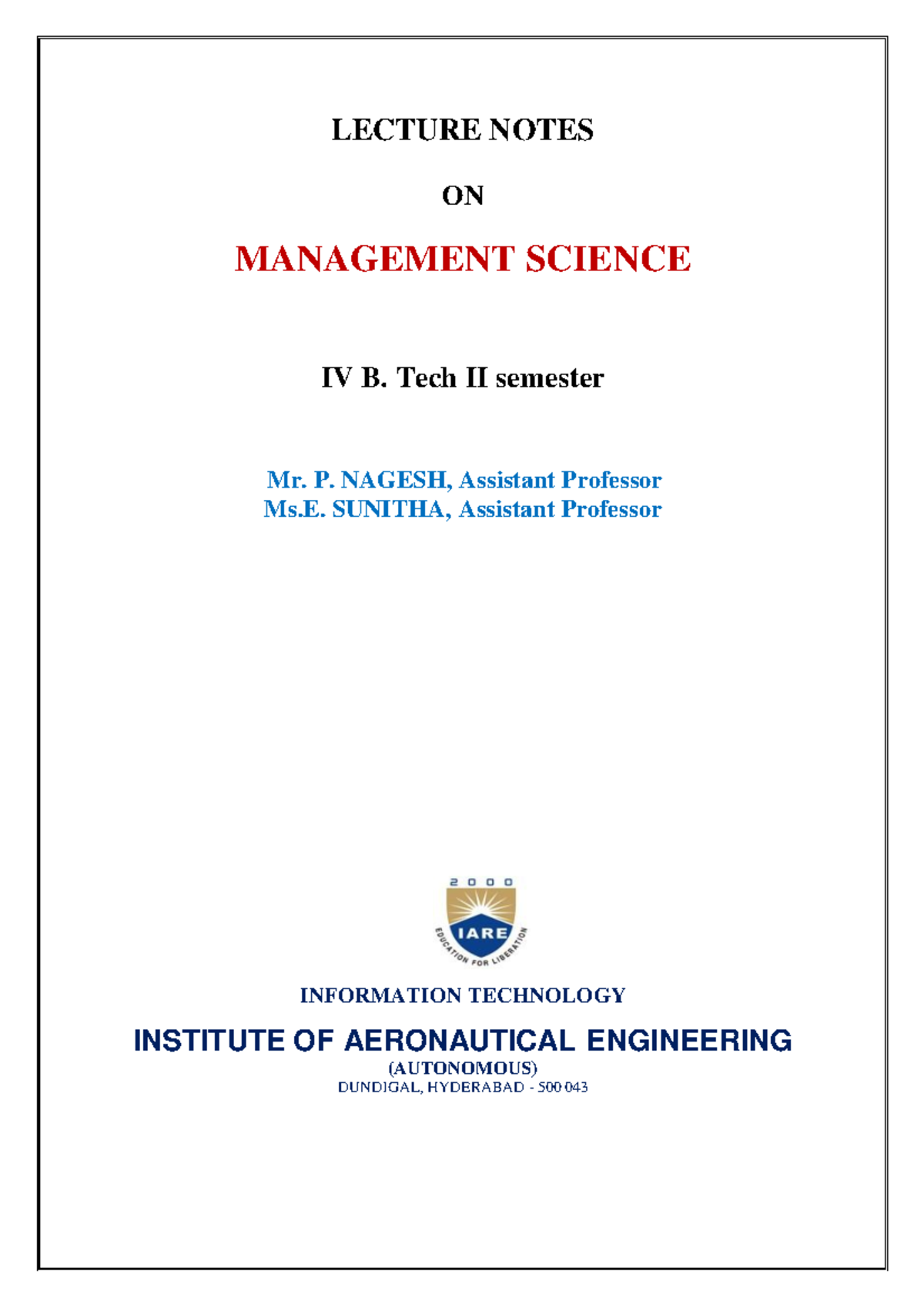 B.Tech IV Management Science Lecture Notes: Concepts & Theories - Studocu