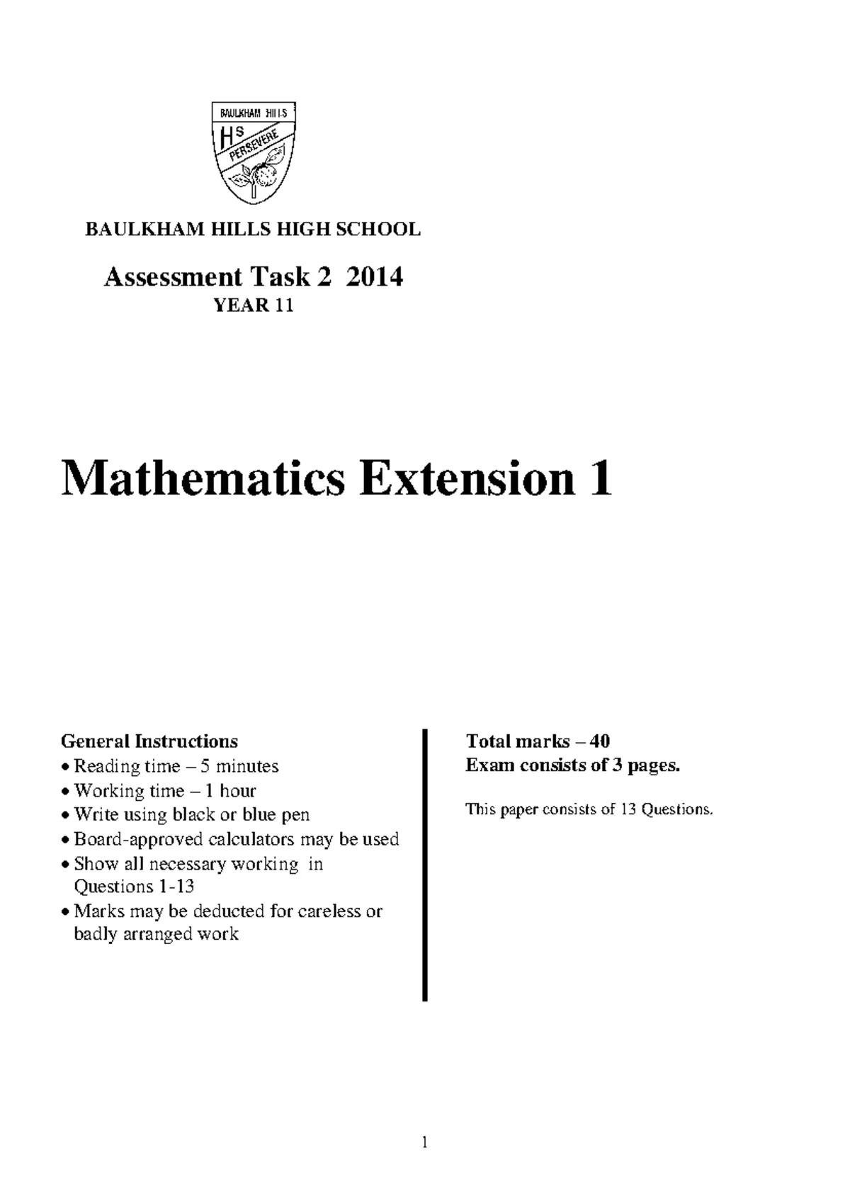 2016 BHS Year 11 Math Ext 1 Assessment Task 2 Solutions - Studocu