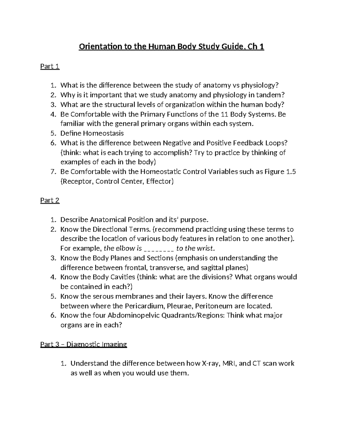 Study Guide on Anatomy & Physiology, Ch 1 - Human Body Orientation ...