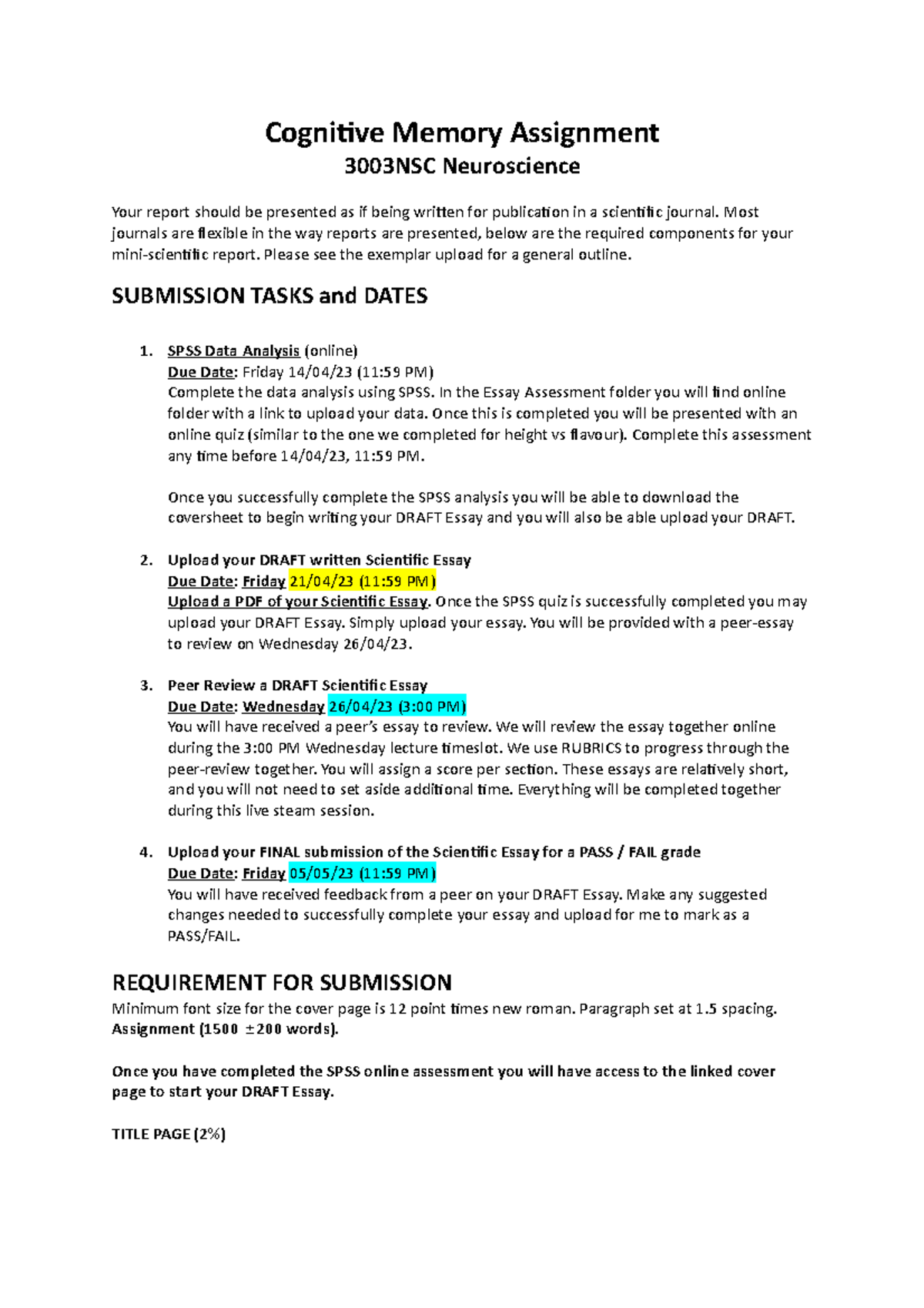 Cognitive Memory Assignment (3003NSC): Draft Submission Guidelines ...