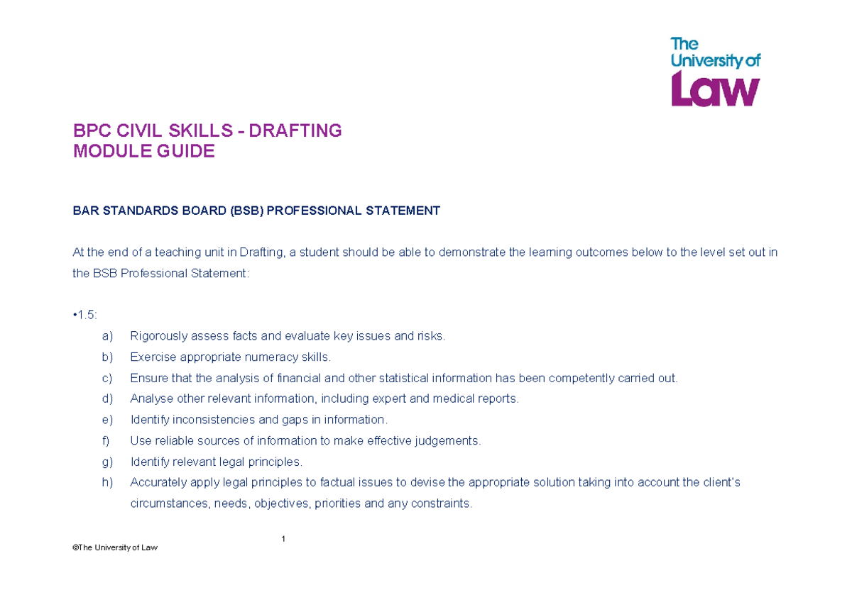BPC - Civil Skills Drafting Module Guide for BSB Professional Statement ...