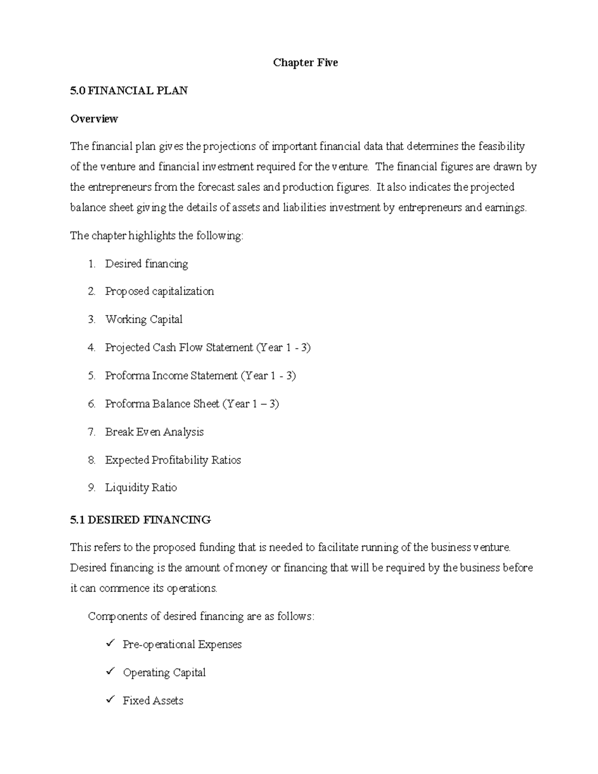 Chapter 5 - Financial Plan Overview for Project (Course Code: 5.0 ...