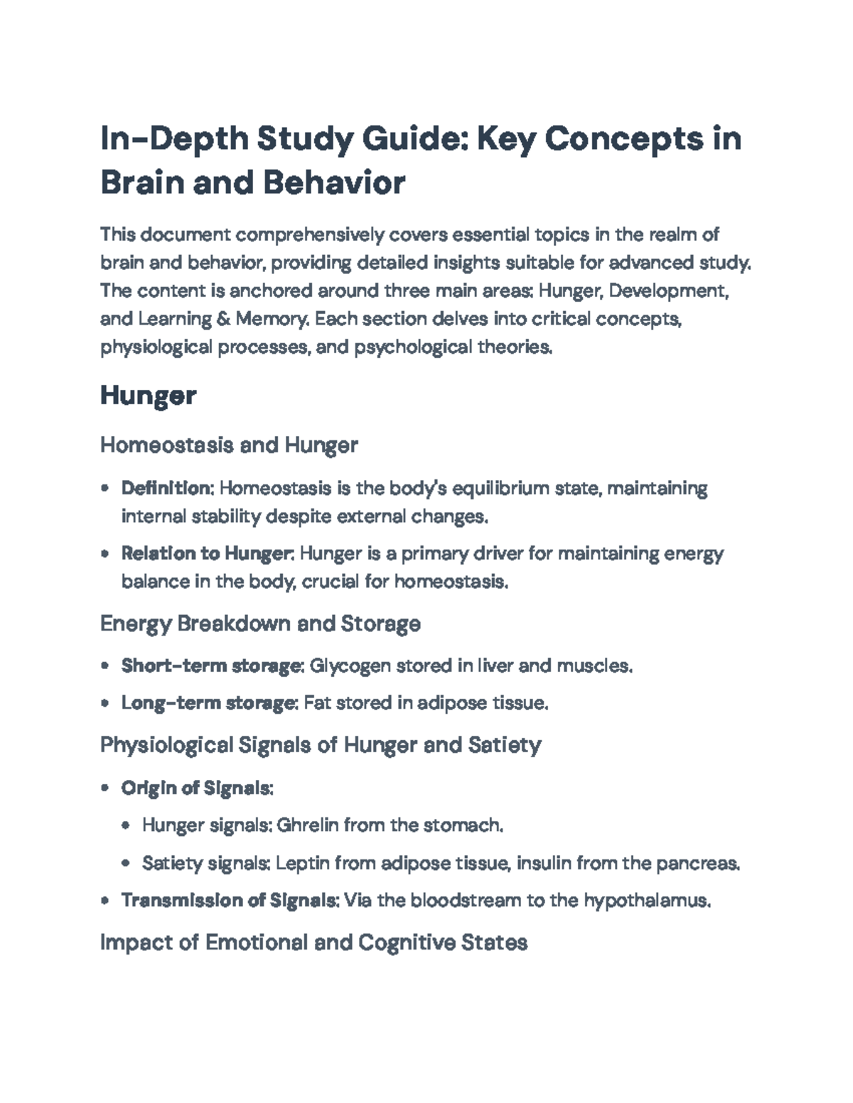 In-Depth Study Guide: Key Concepts in Brain and Behavior (PSY101) - In ...