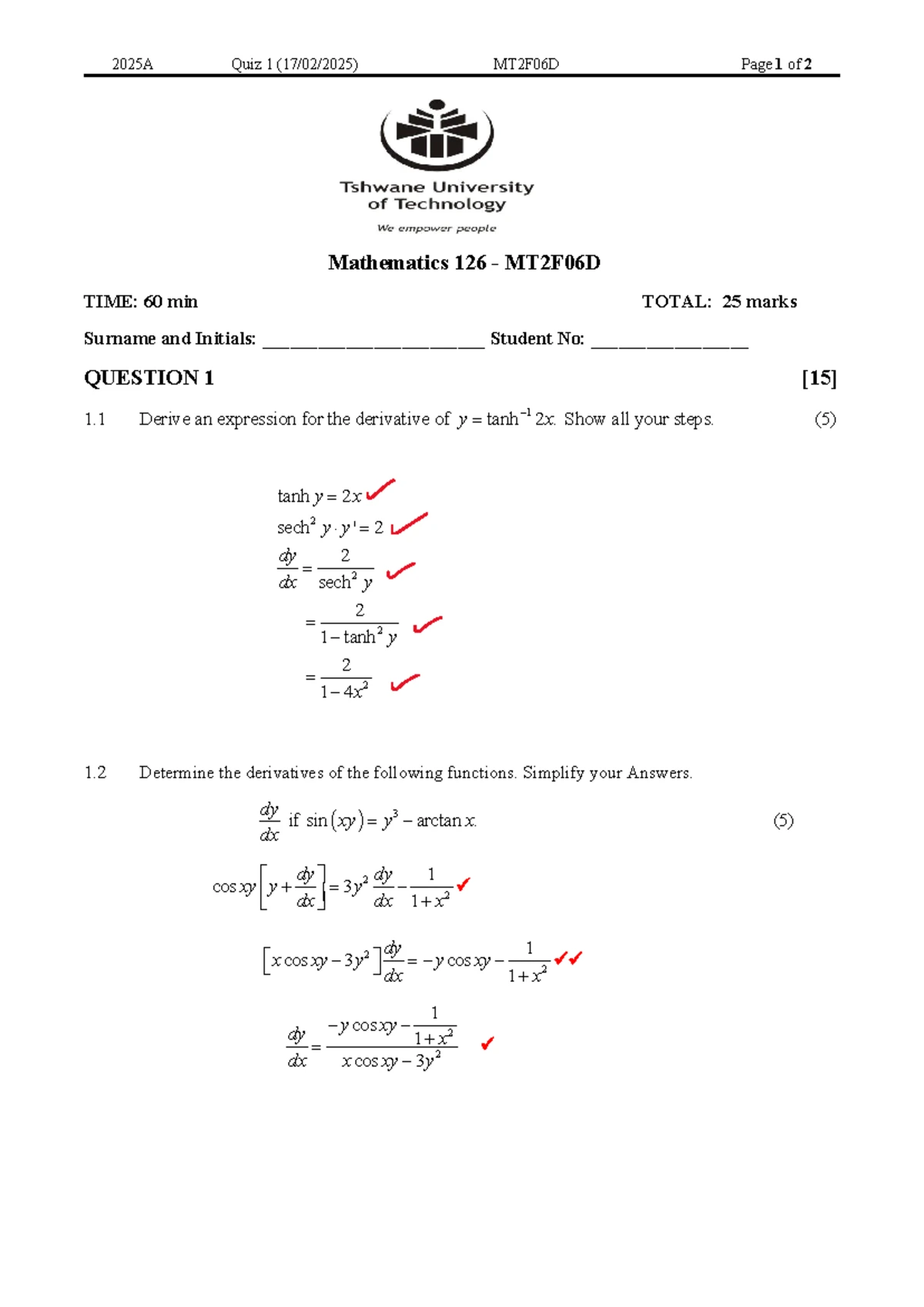 CT2 MT2F06D Mathematics Class Test 2 Memo - April 2025 - Studocu