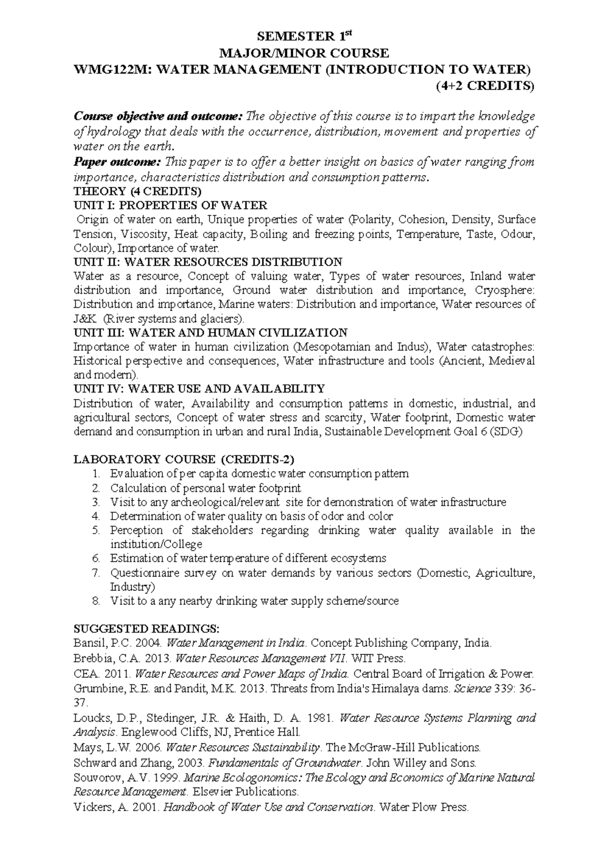 Water Management - SEMESTER 1st MAJOR/MINOR COURSE WMG122M: WATER ...