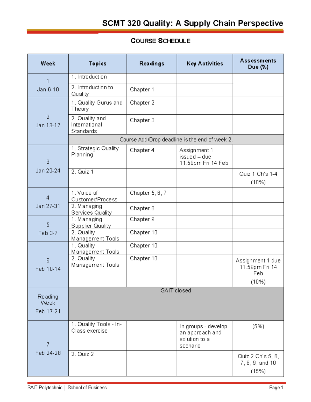 20241219 - SCMT320- Course Schedule - Winter 2025 - SCMT 320 Quality: A ...