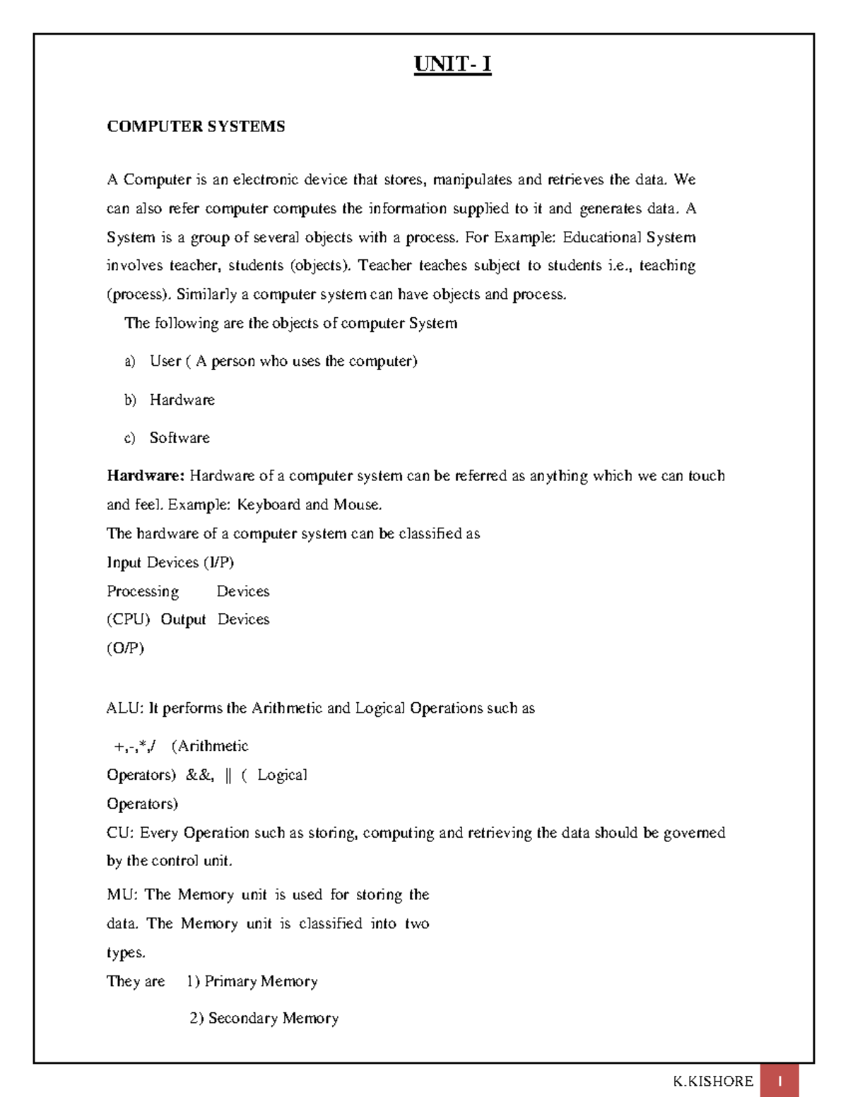 PPS UNIT I - Overview of Computer Systems and Programming Concepts ...