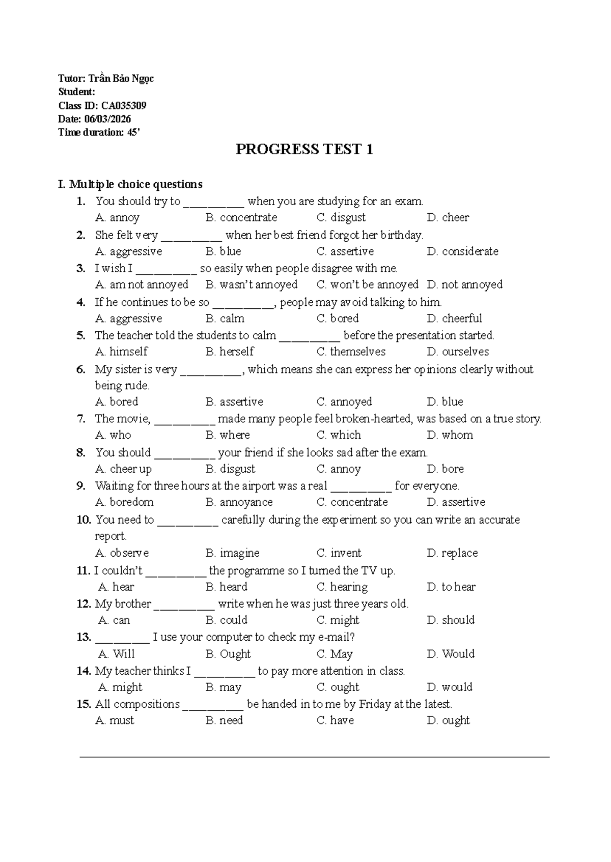 CA035309 Progress Test 1: Multiple Choice & Writing Tips - Studocu