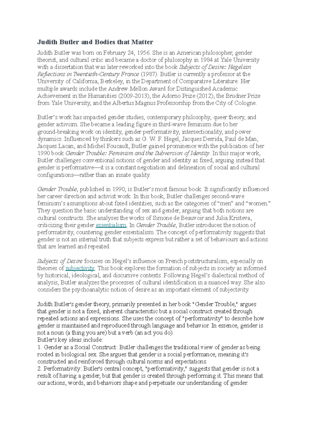 Judith Butler - Essay on Gender Performativity and Bodies That Matter ...