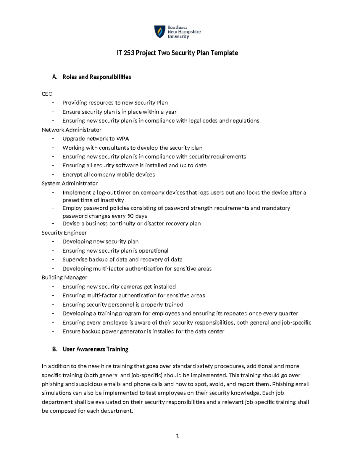 IT 253 Project Two security plan roles and responsibilities overview ...
