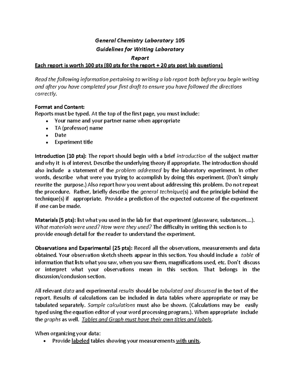General Chemistry Laboratory 105 Lab reports guidlines (14) - General ...