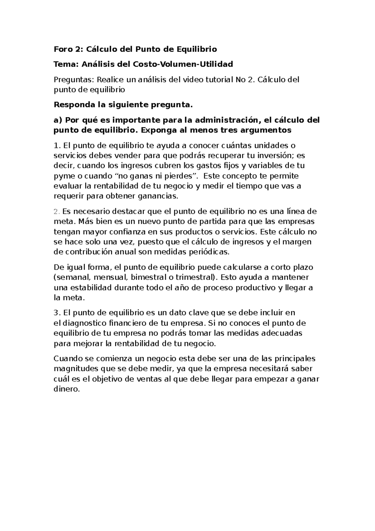 Foro 2 - Cálculo del Punto de Equilibrio y Análisis Costo-Volumen ...