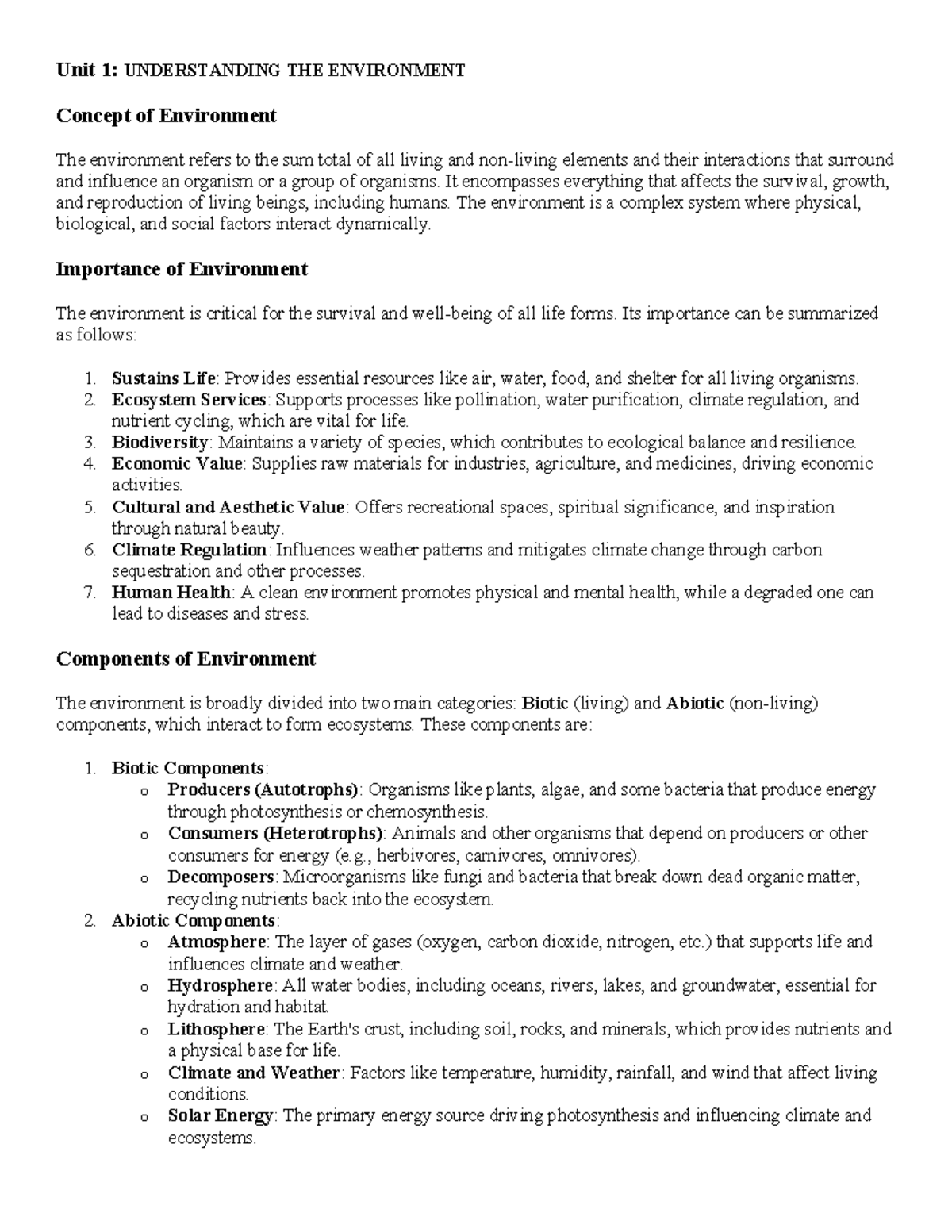 Unit 1: Understanding the Environment - Key Concepts and Importance ...