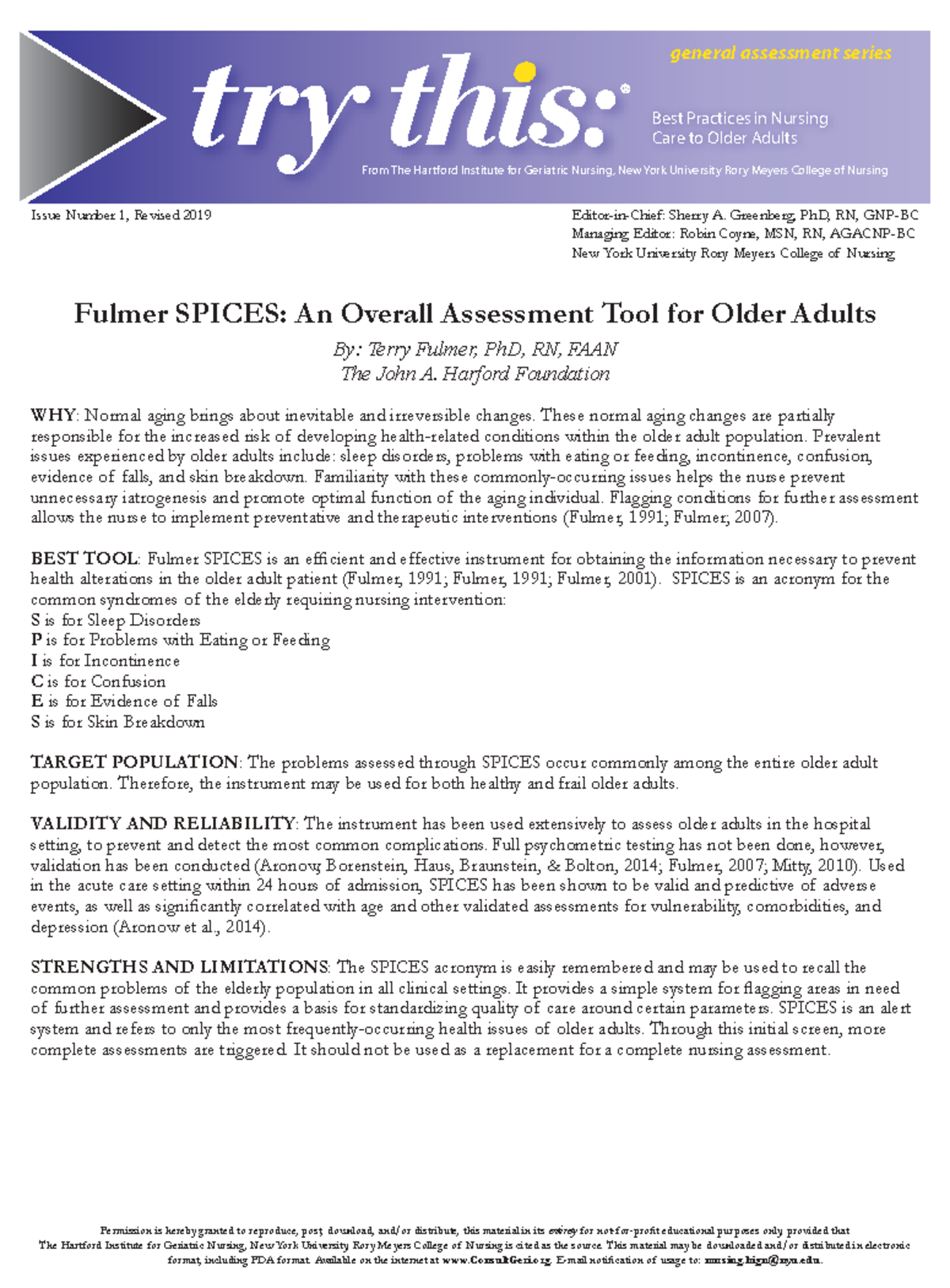 Week 4 - Fulmer SPICES Assessment Tool for Older Adults - Studocu