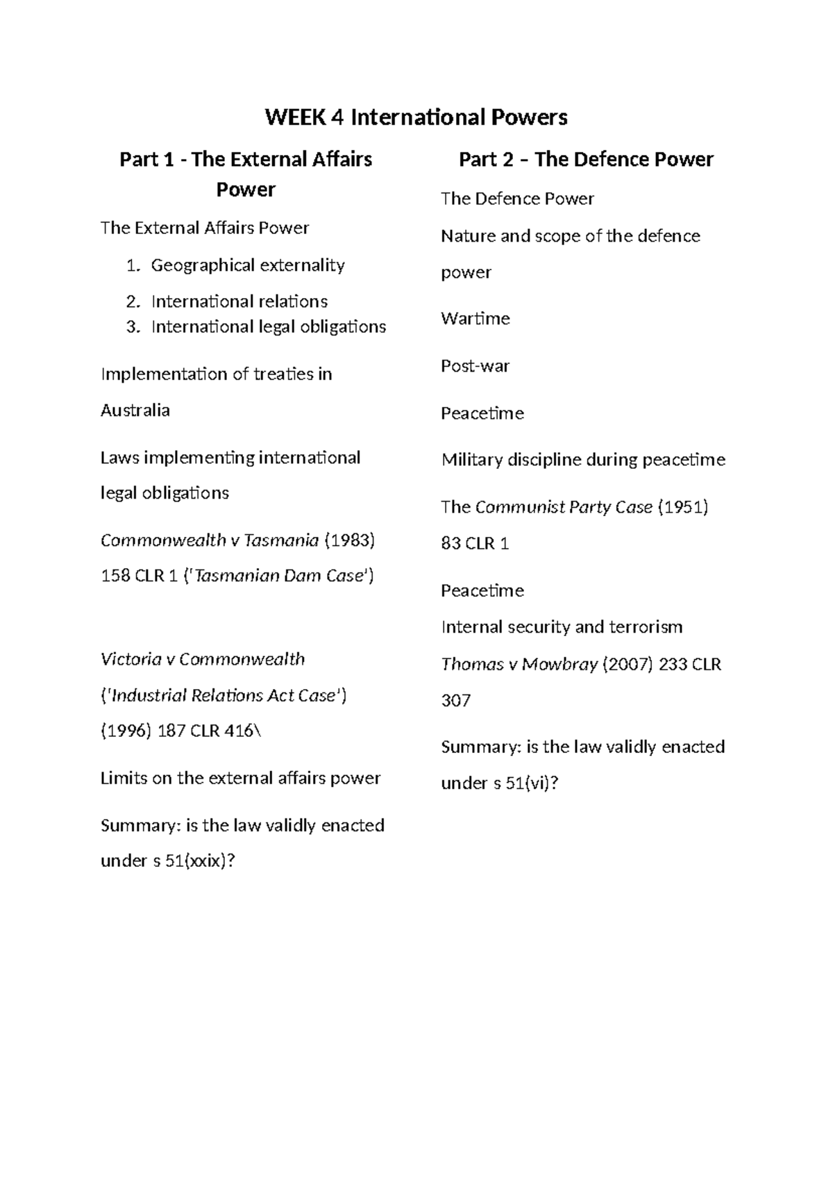 Week 4 Lecture Notes: External Affairs & Defence Powers Analysis - Studocu