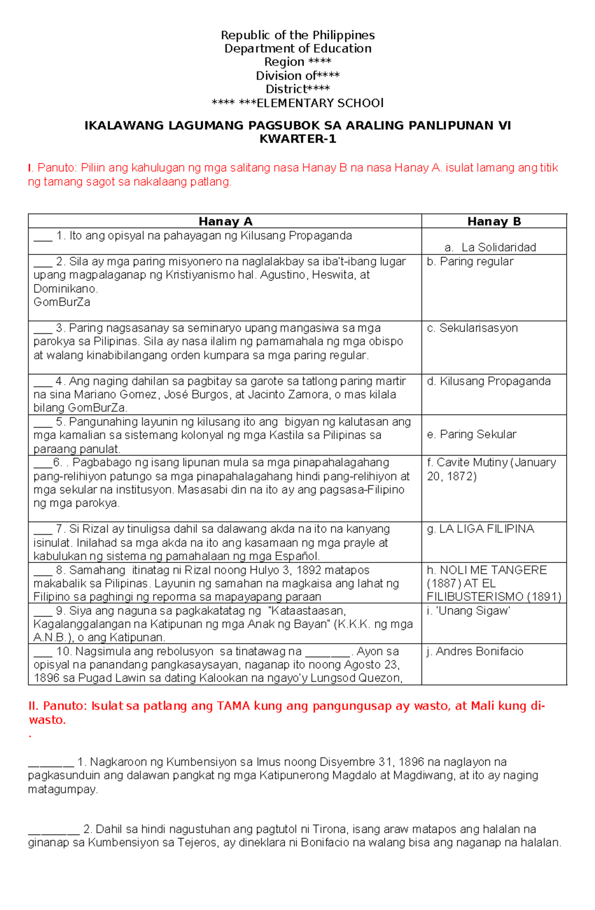 AP 2ND Summative TEST: Pagsusuri sa Kasaysayan ng Pilipinas - Studocu