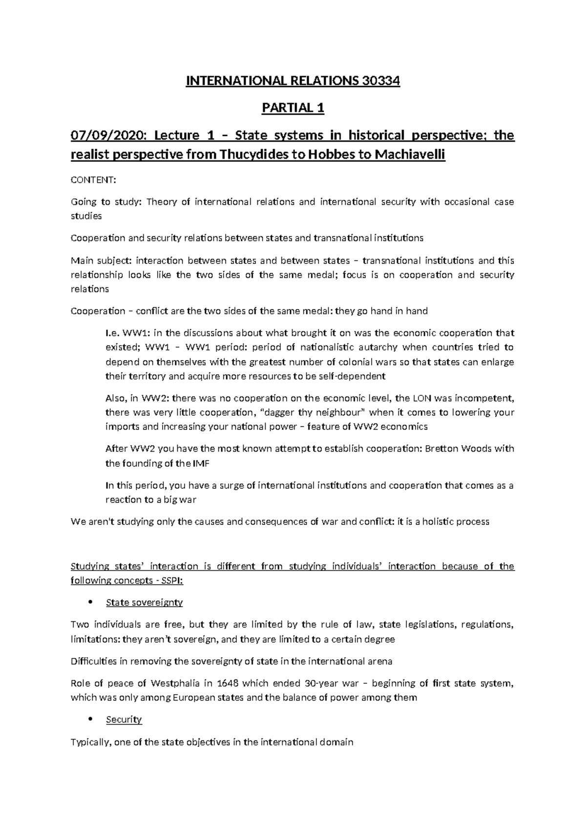INTERNATIONAL RELATIONS 30334 PARTIAL 1 Lecture 1: Historical Realism ...
