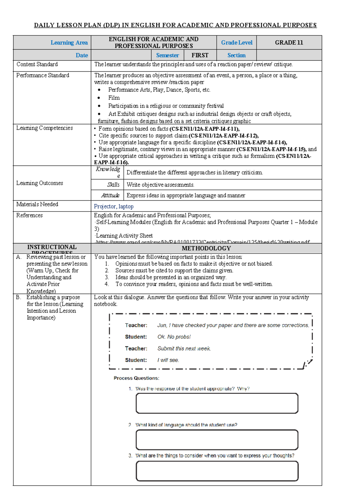 DAILY LESSON PLAN (DLP) FOR GRADE 11 ENGLISH CRITIQUE METHODS - Studocu