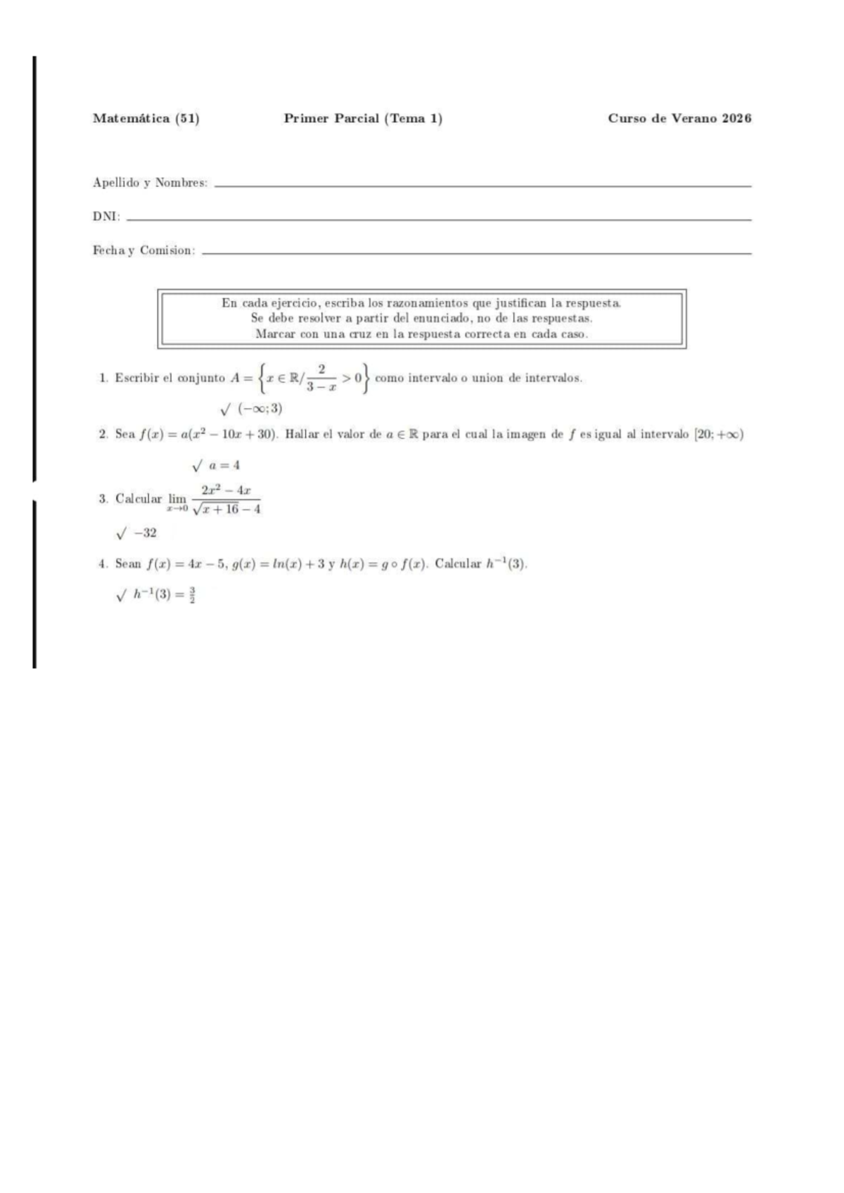 Matemática (51) Primer Parcial Intensivo 2026: Ejercicios y Razonamientos - Document Preview