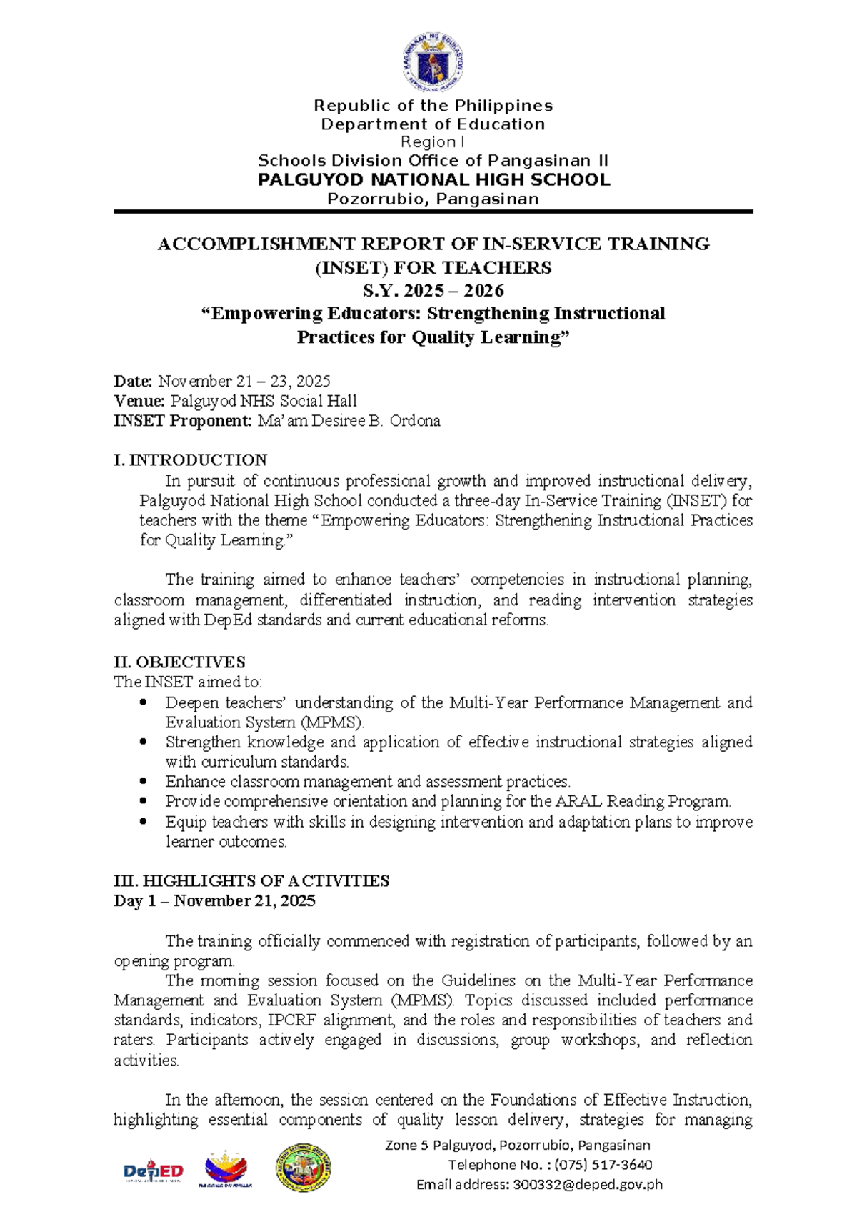 INSET Training Accomplishment Report for Teachers S.Y. 2025-2026 - Studocu