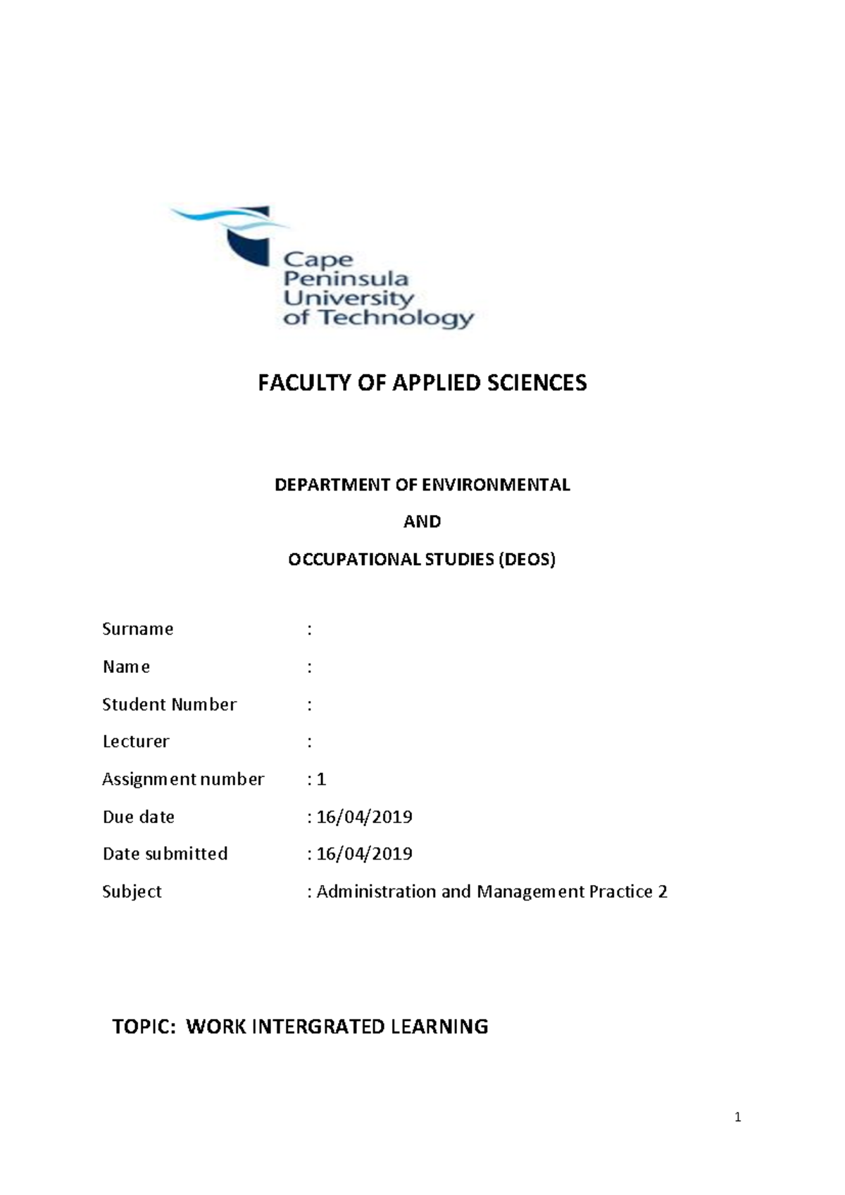 WIL - Assignment 1: Work Integrated Learning in Environmental Health ...