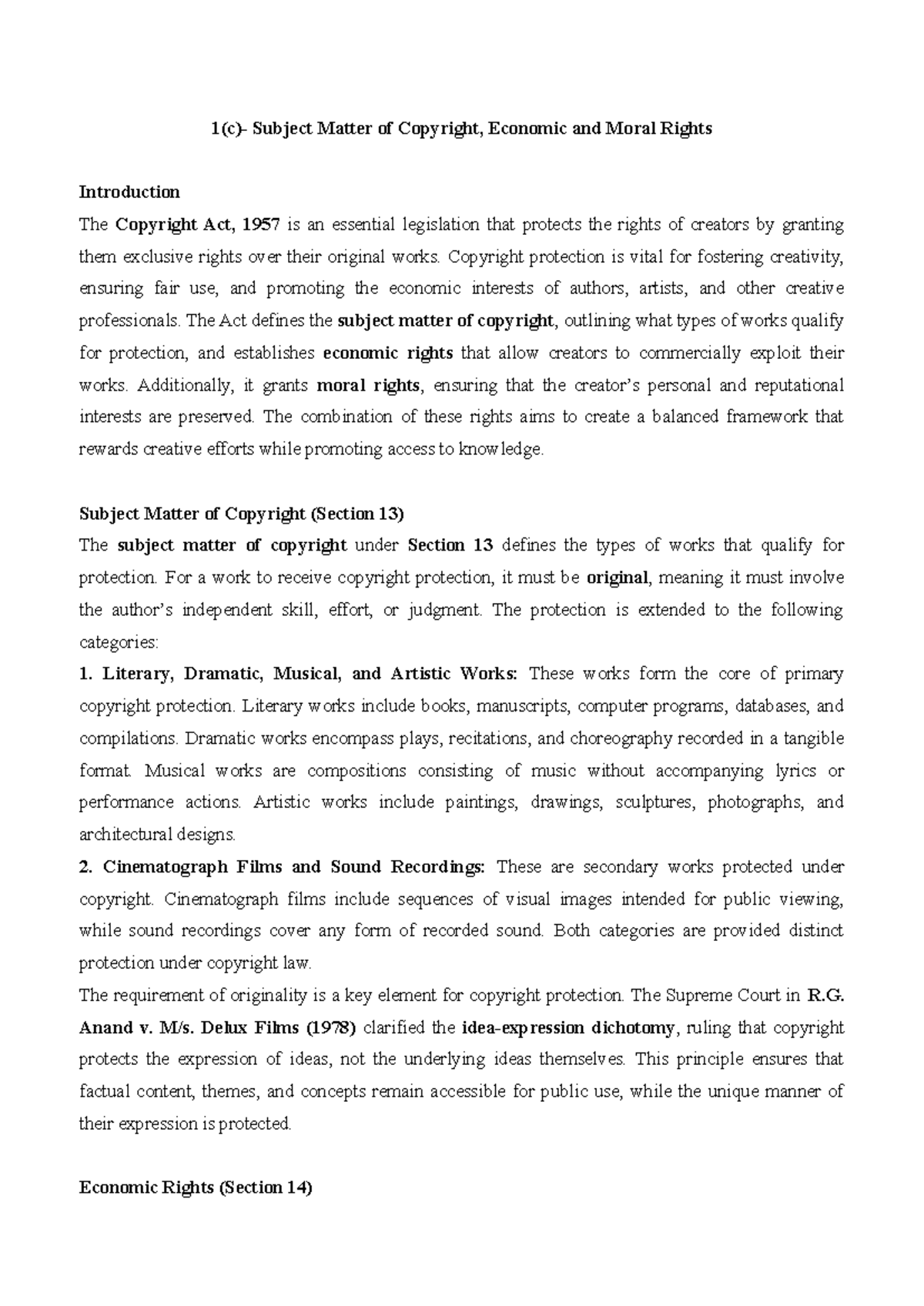 IPR Notes: Copyright Subject Matter, Economic & Moral Rights Overview ...