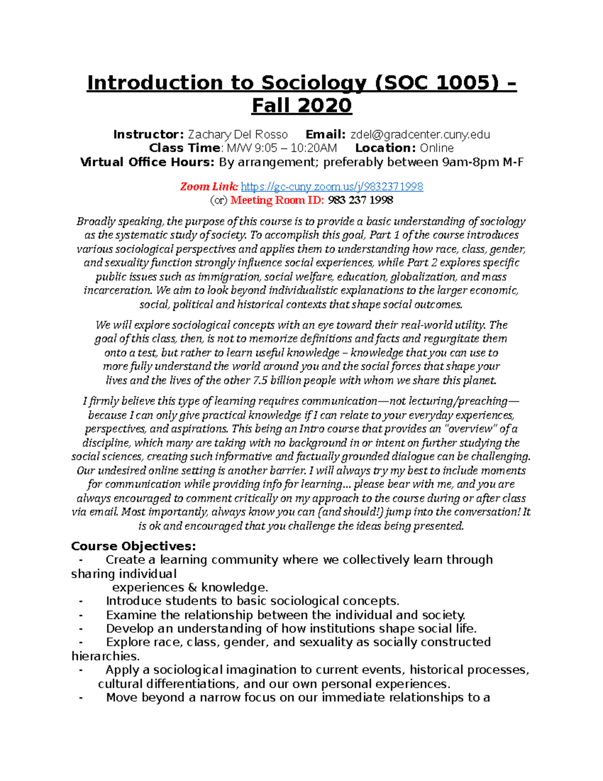 Syllabus for SOC 1005: Introduction to Sociology – Fall 2020 - Studocu