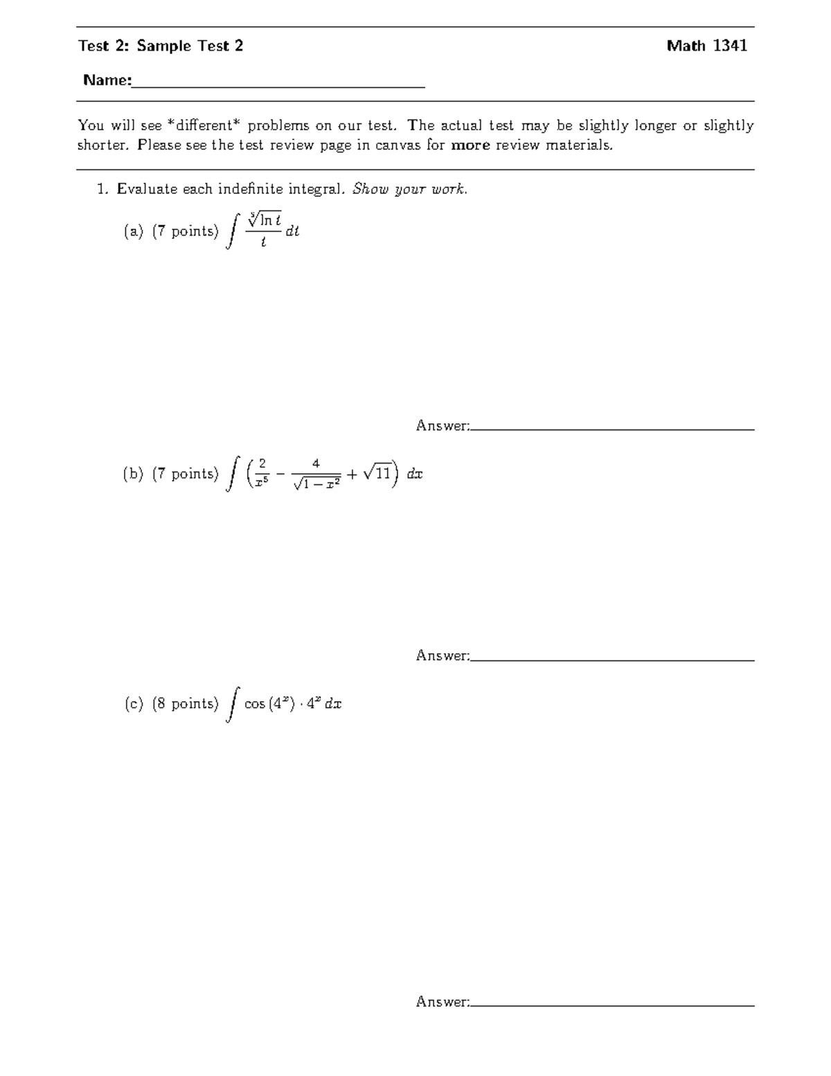Math 1341 Test 2 - Sample Exam from Spring 2022 - Studocu