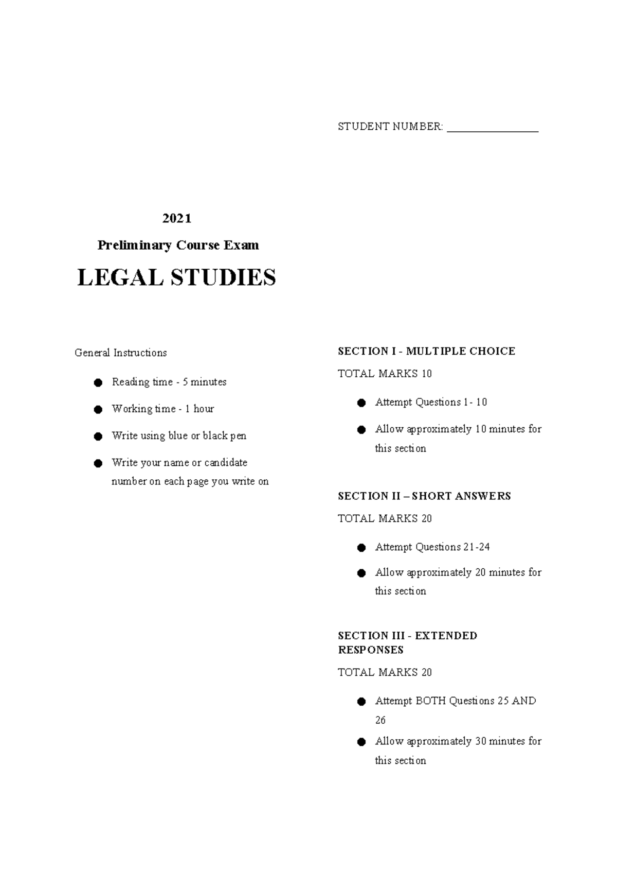 2021 Year 11 Preliminary Legal Studies Exam Guide - Studocu