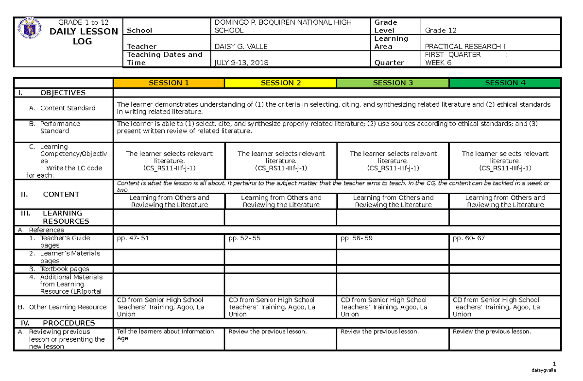 Practical Research I Daily Lesson Log (DLL) - Week 6 Review Guide - Studocu