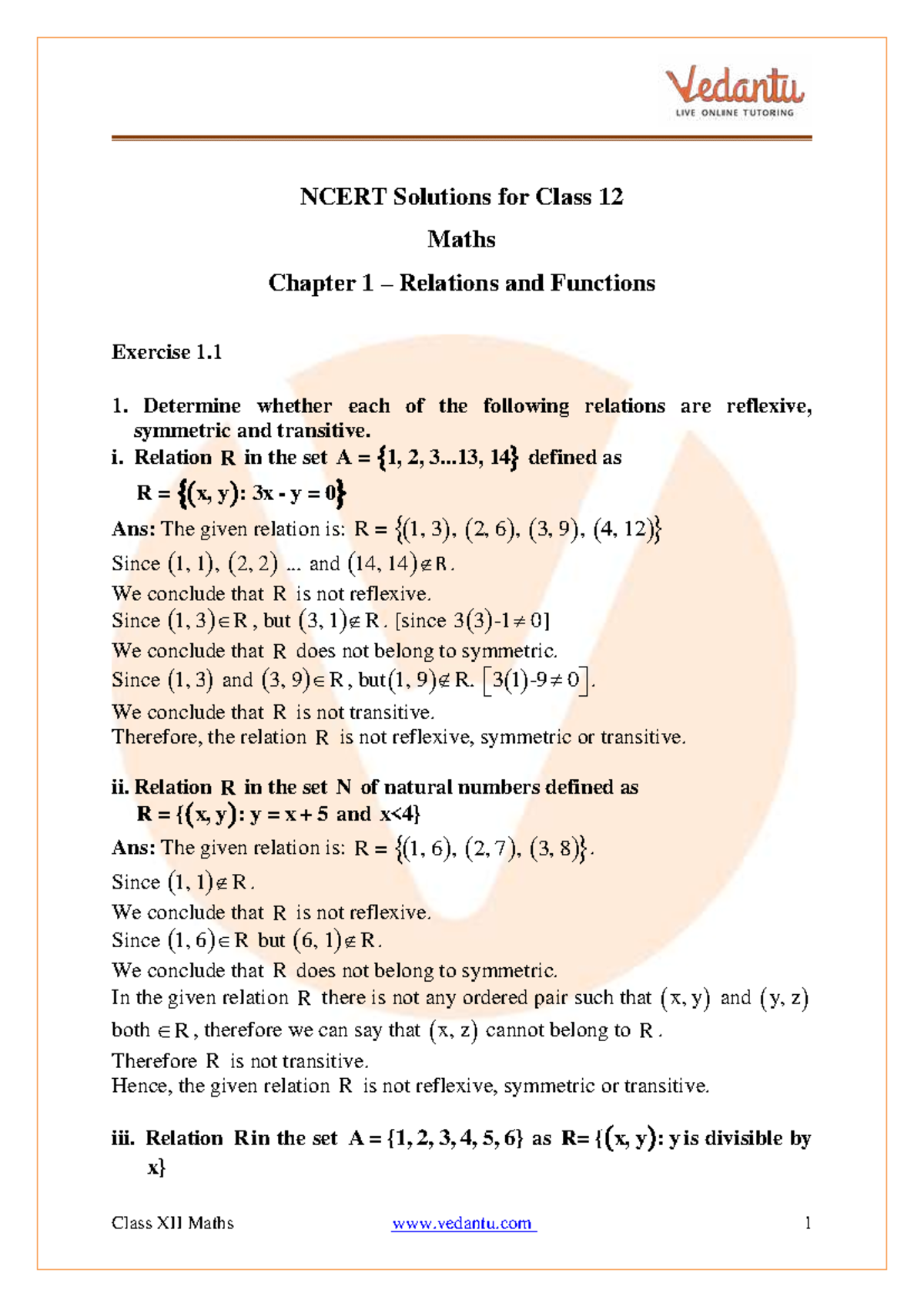 Class XII Maths Final Exam Solutions: Relations & Functions Exercise 1. ...