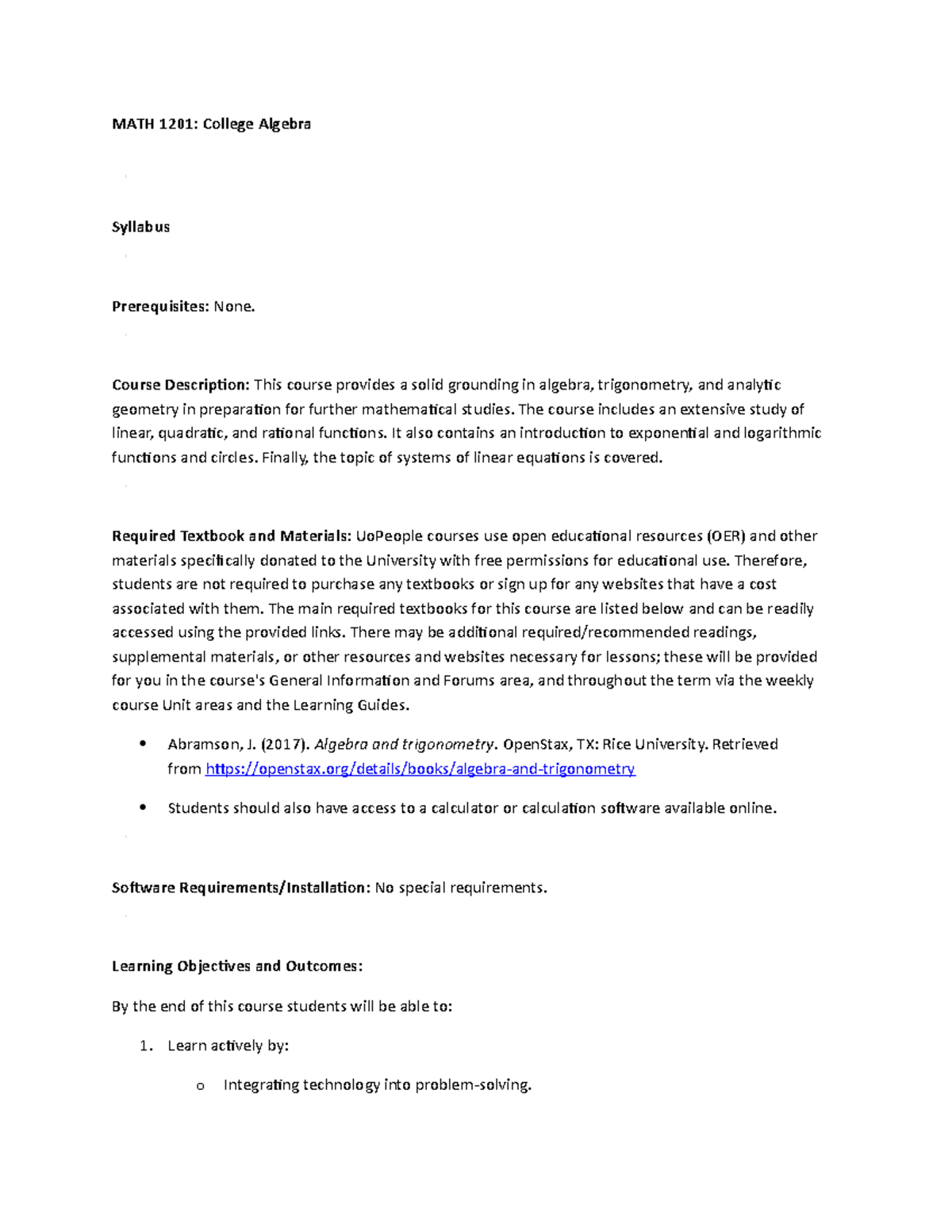MATH 1201 College Algebra Syllabus & Course Overview - UoPeople 2020 ...