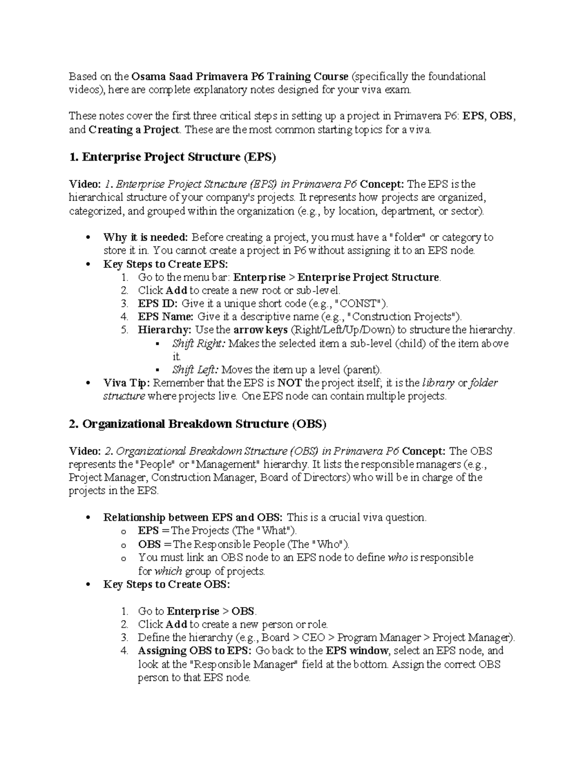 Primavera P6 Training Notes for Viva Exam Preparation - Studocu