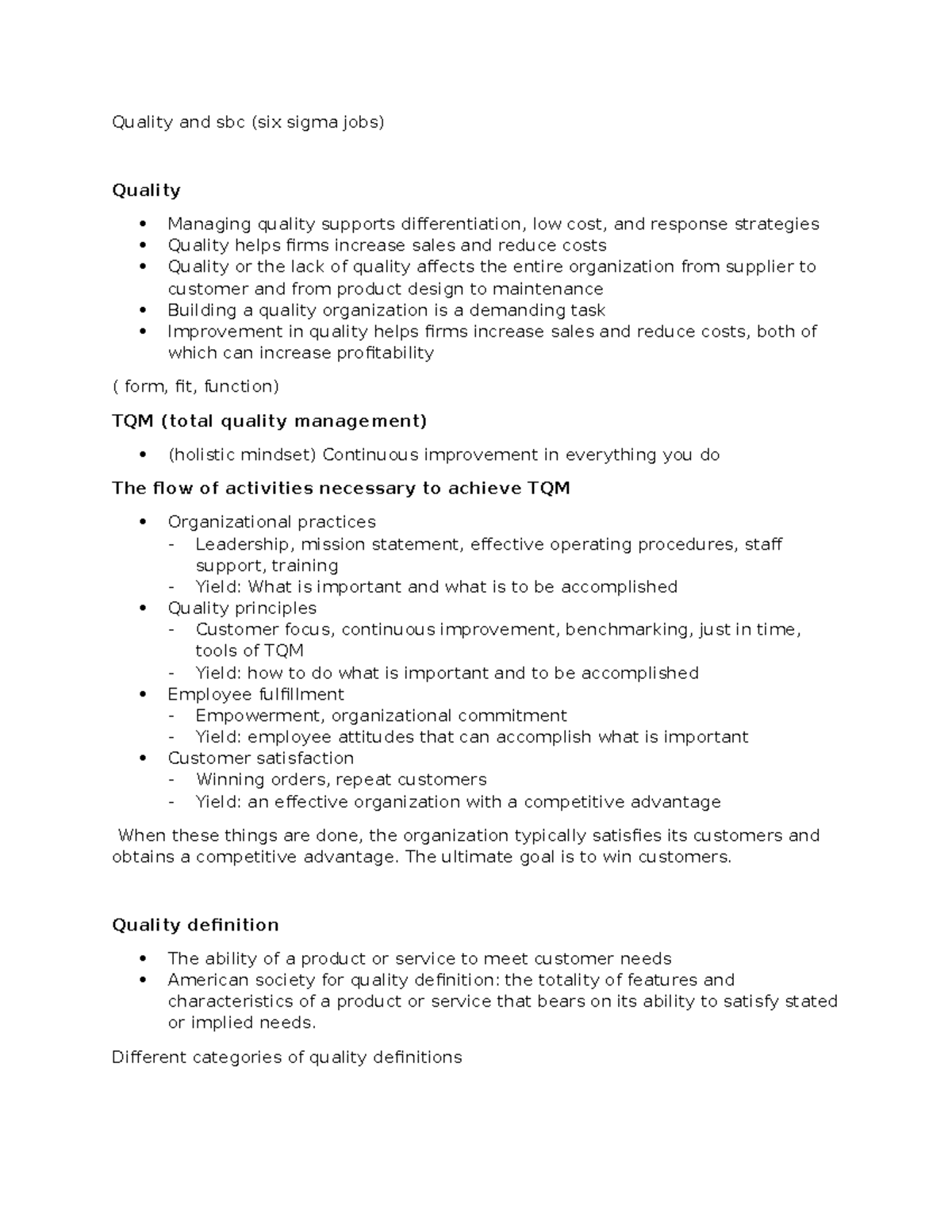 Quality Management and SPC Concepts (MGMT 301) - Essential Notes - Studocu