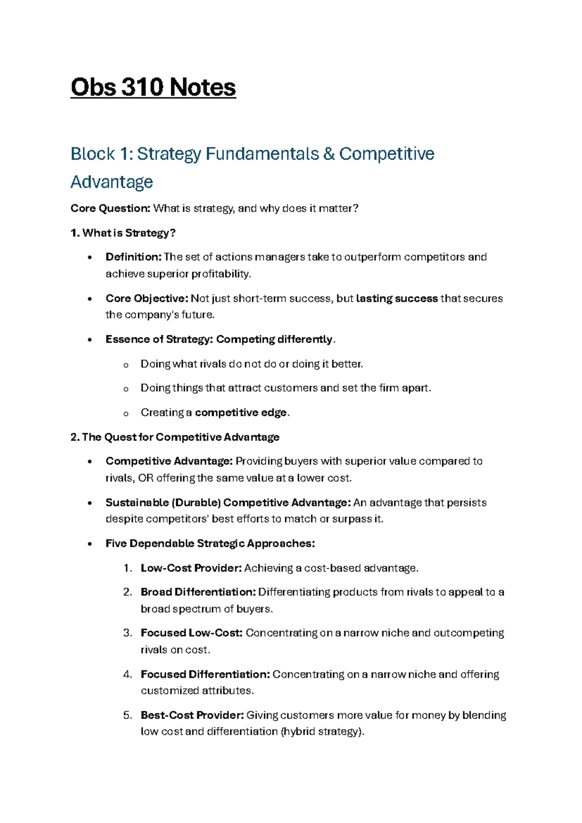 Obs 310 Notes: Strategy Fundamentals & Competitive Advantage Insights ...