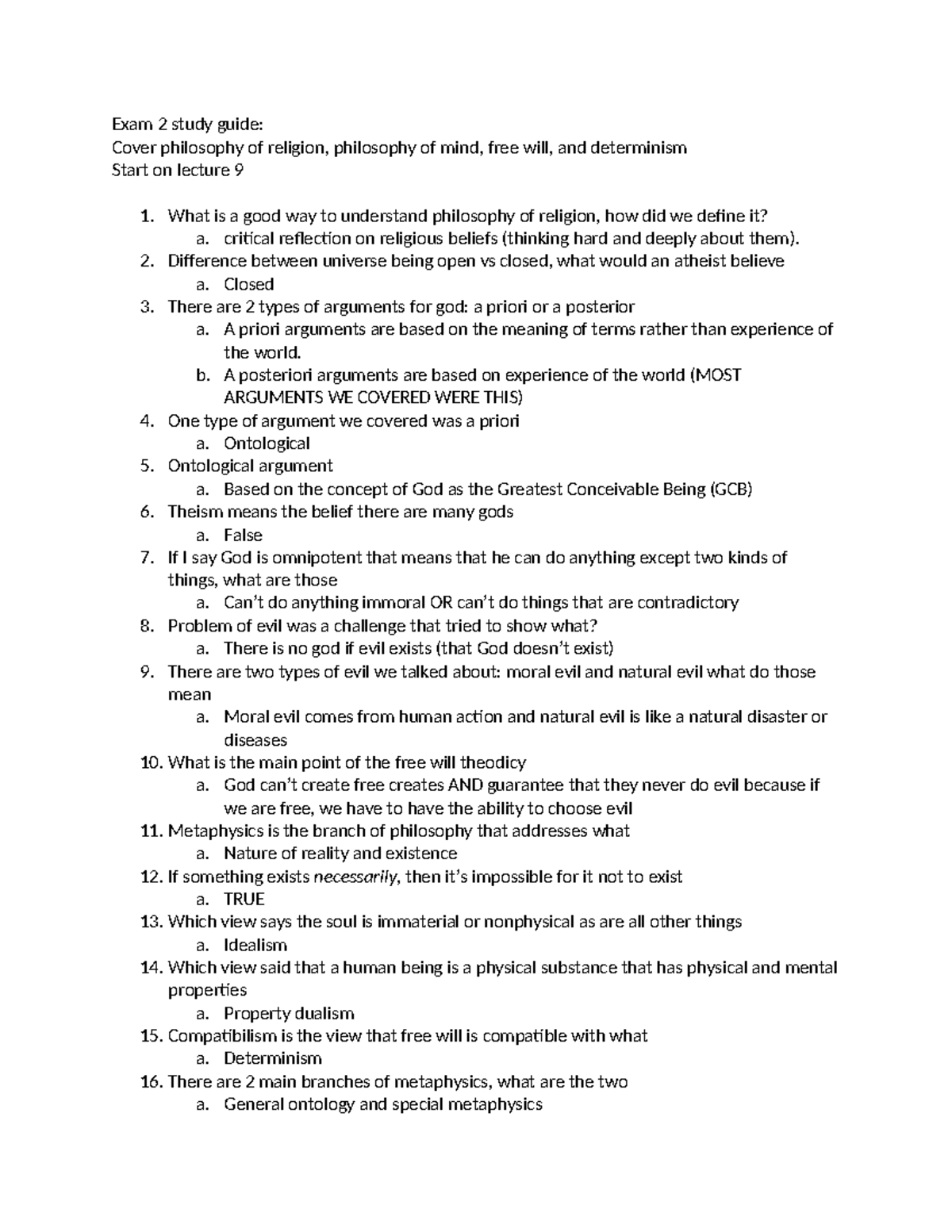 PHL 202 Exam 2 Study Guide: Philosophy of Religion & Free Will Concepts ...