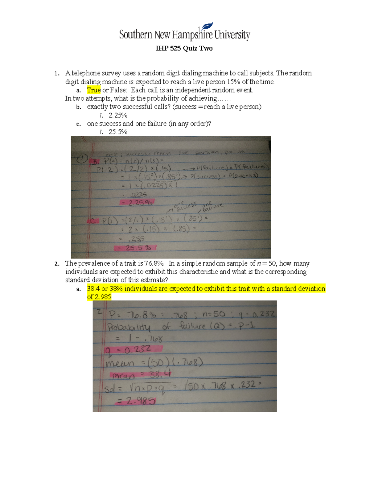 IHP 525 Quiz Two: Probability and Statistics Problems Explained - Studocu