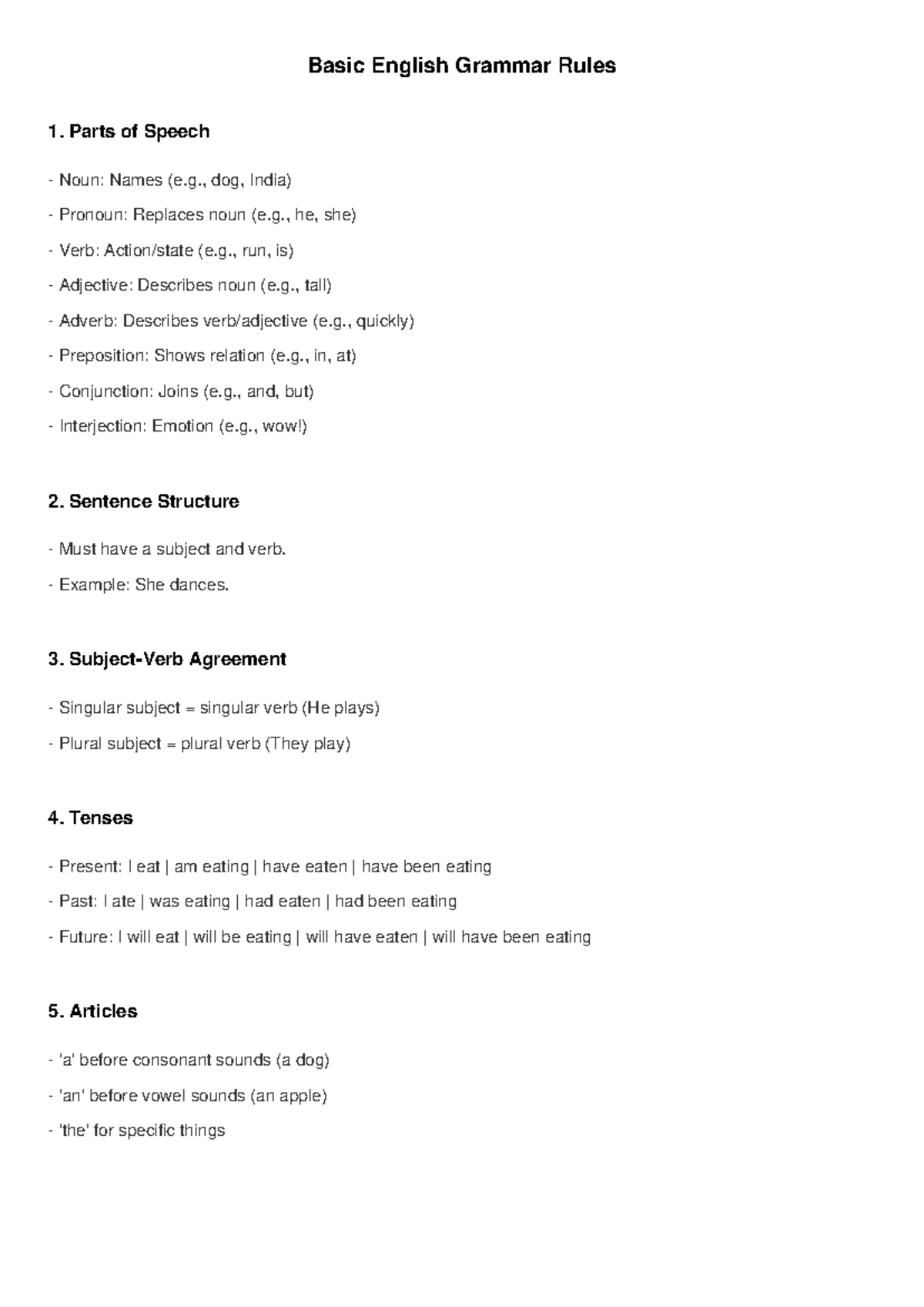 Basic English Grammar Rules: Parts of Speech & Sentence Structure - Studocu