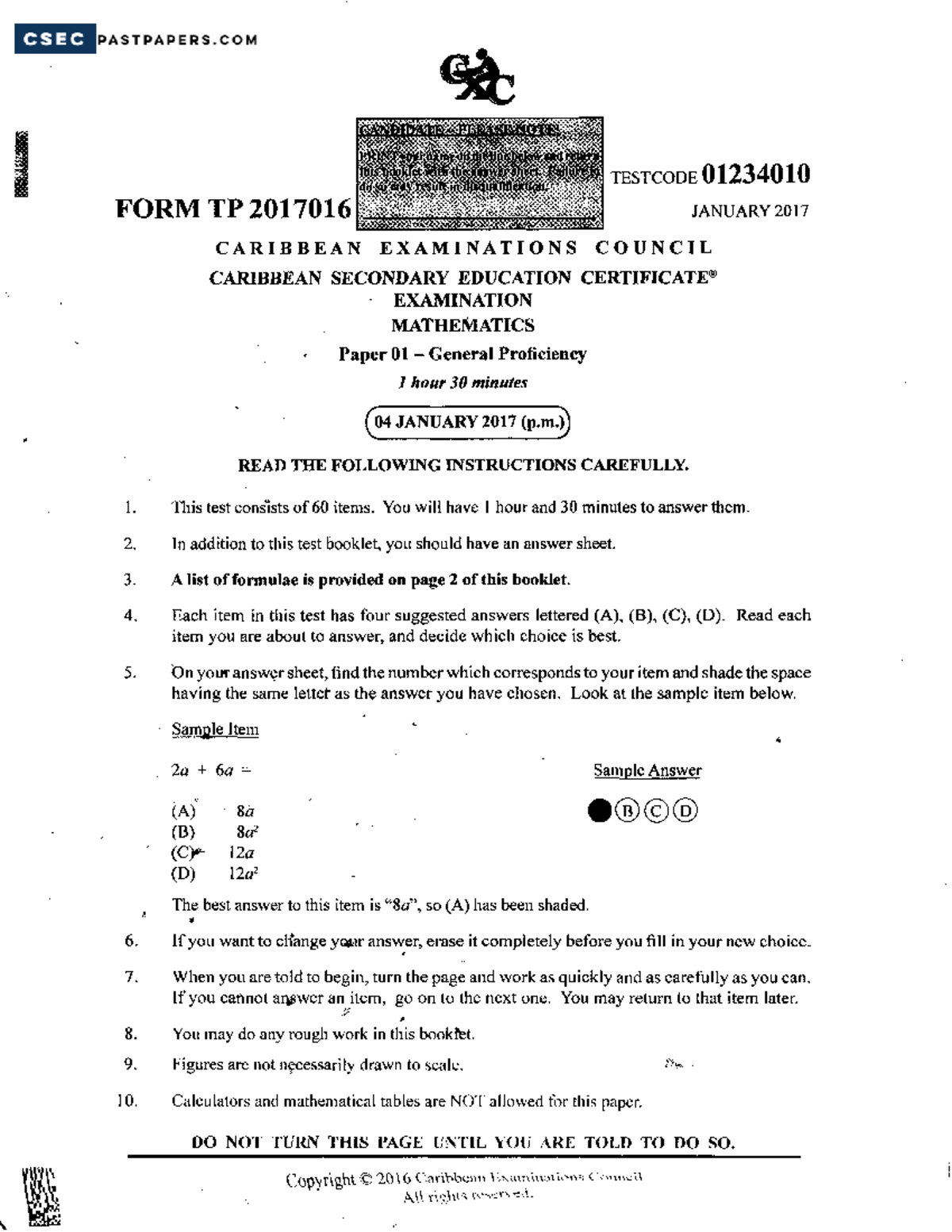 Mathematics CSEC - Paper 01 - General Proficiency - Jan 2017 - Studocu