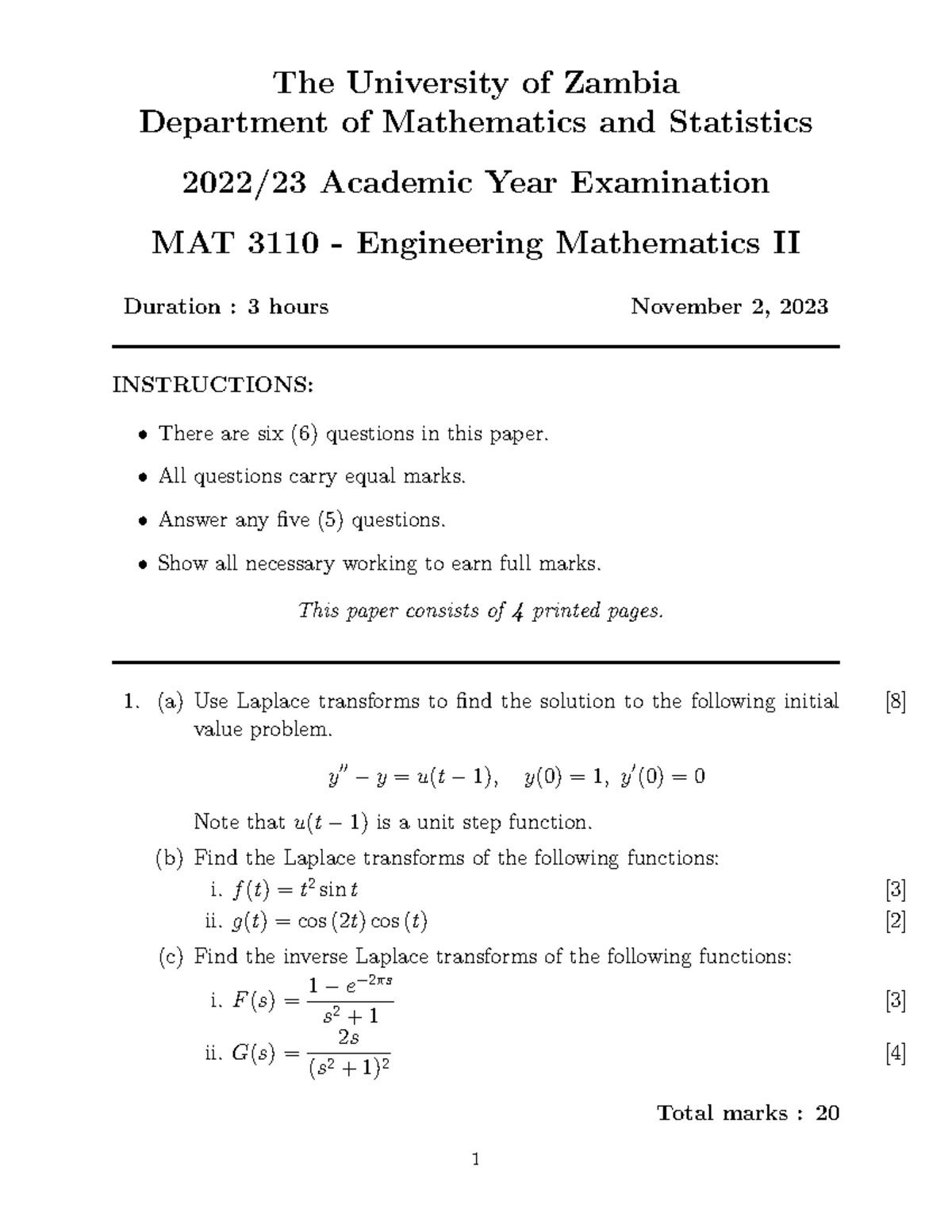 MAT 3110 Final Exam 2022/23 - Engineering Mathematics II - Studocu