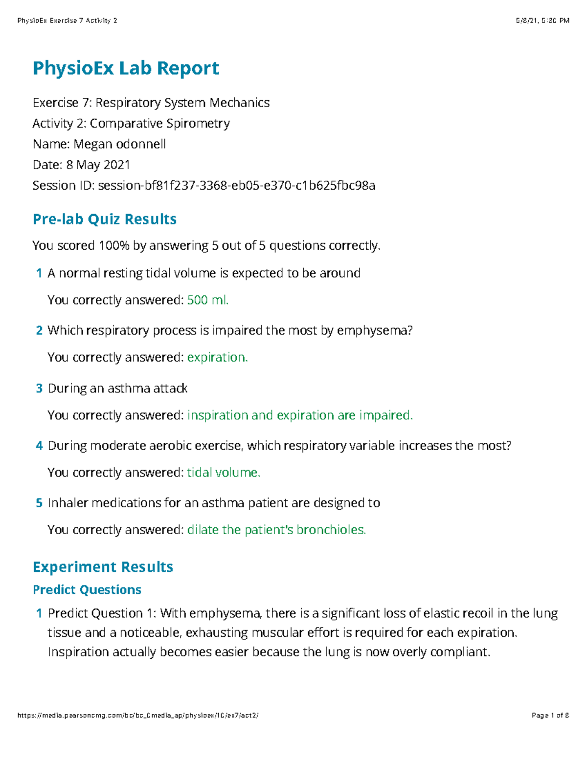 PhysioEx Exercise 7: Spirometry Analysis Lab Report - Studocu