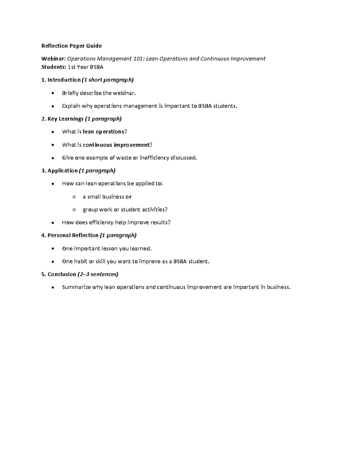 Reflection Paper Guide: OM 101 - Lean Ops & Continuous Improvement ...