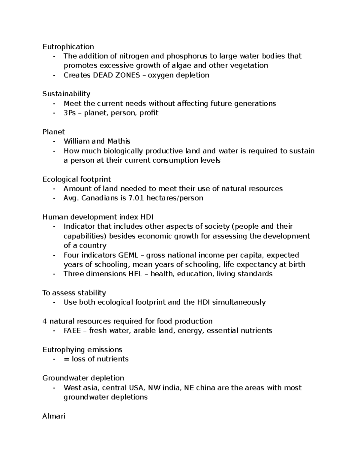 Agr1110 Midterm 1 Notes: Eutrophication, Sustainability, and Nutrient ...