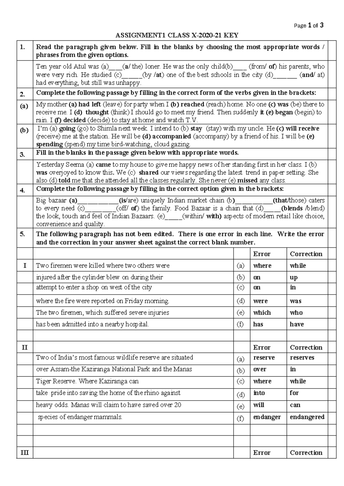 Assignment 1 Key: Fill in the Blanks & Error Correction - Studocu