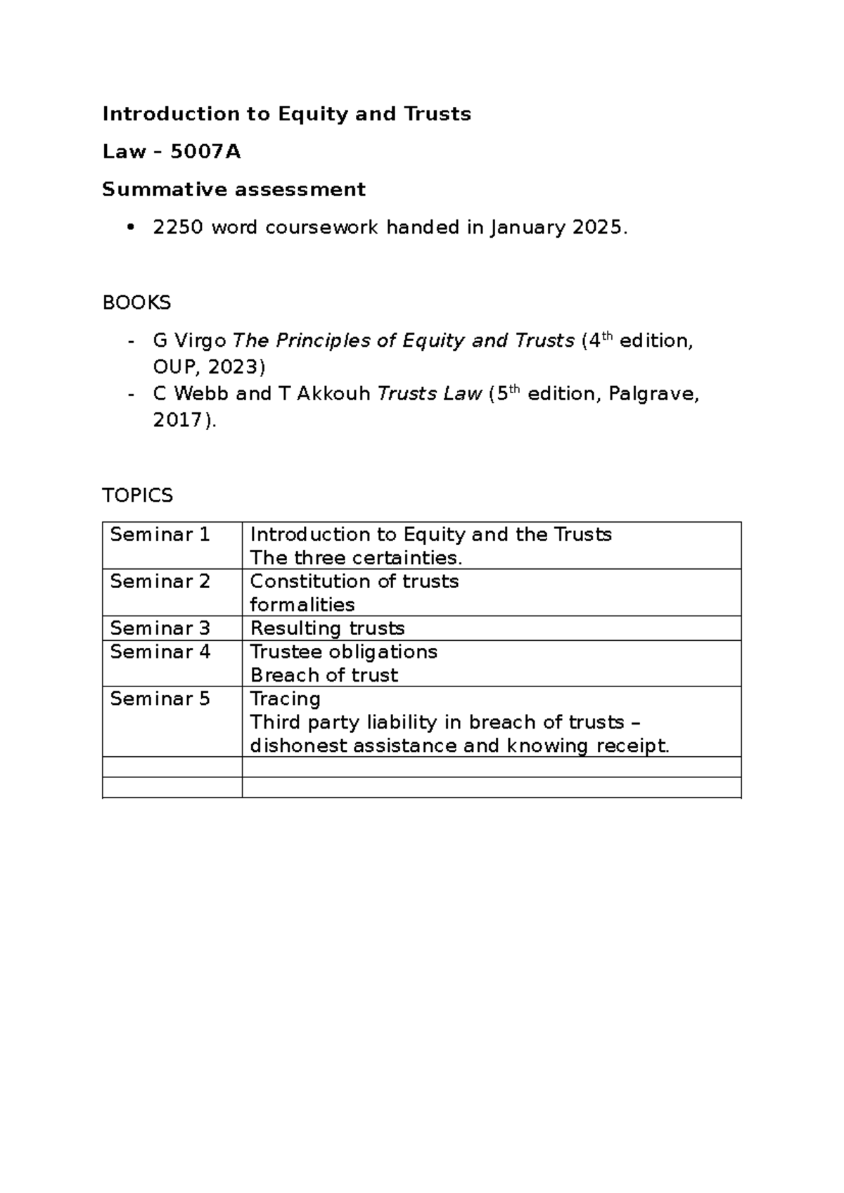 Law 5007A: Intro to Equity and Trusts - Concepts & Key Principles - Studocu