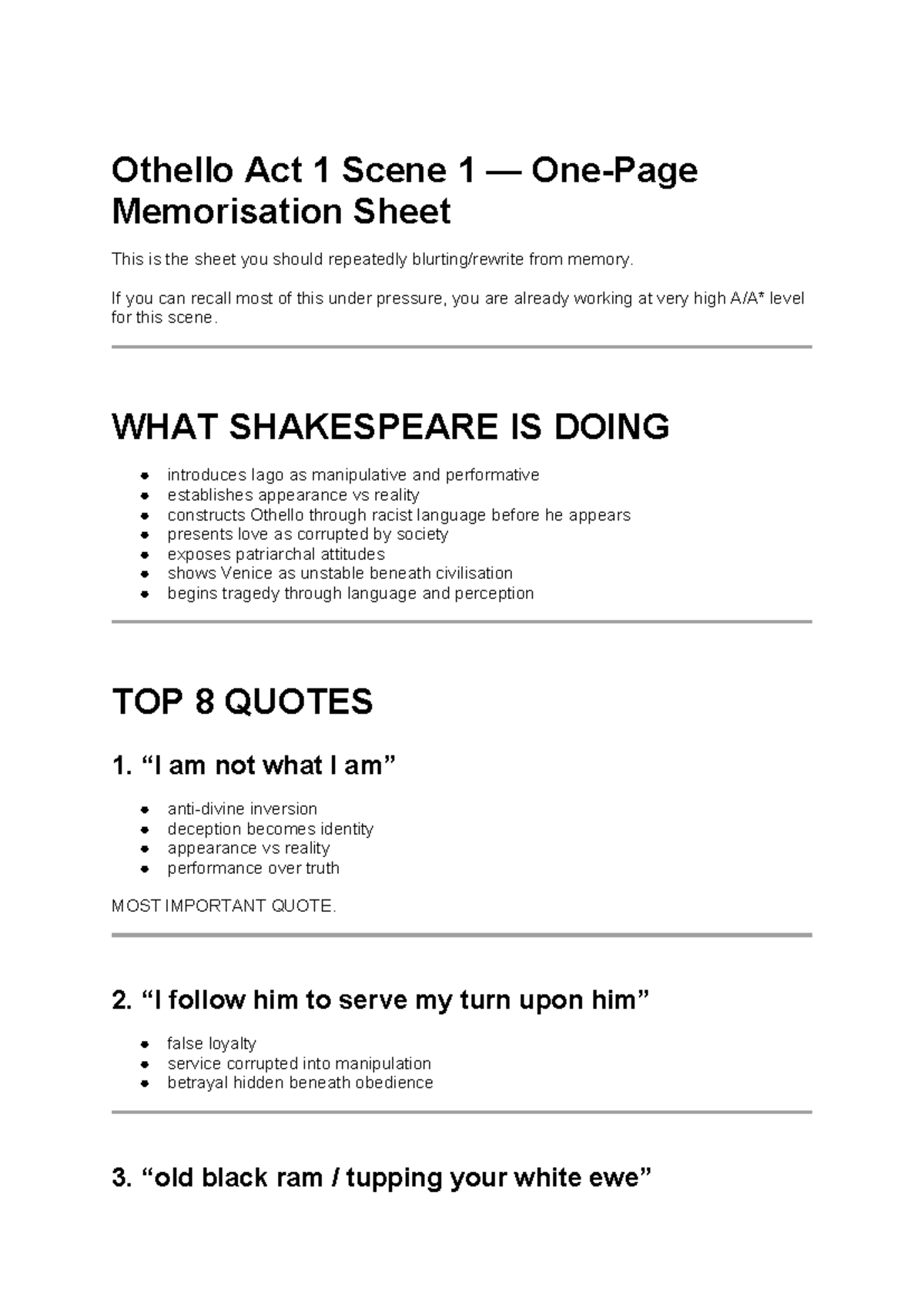 Othello Act 1 Scene 1 — Key Quotes & Analysis Memorisation Sheet - Studocu